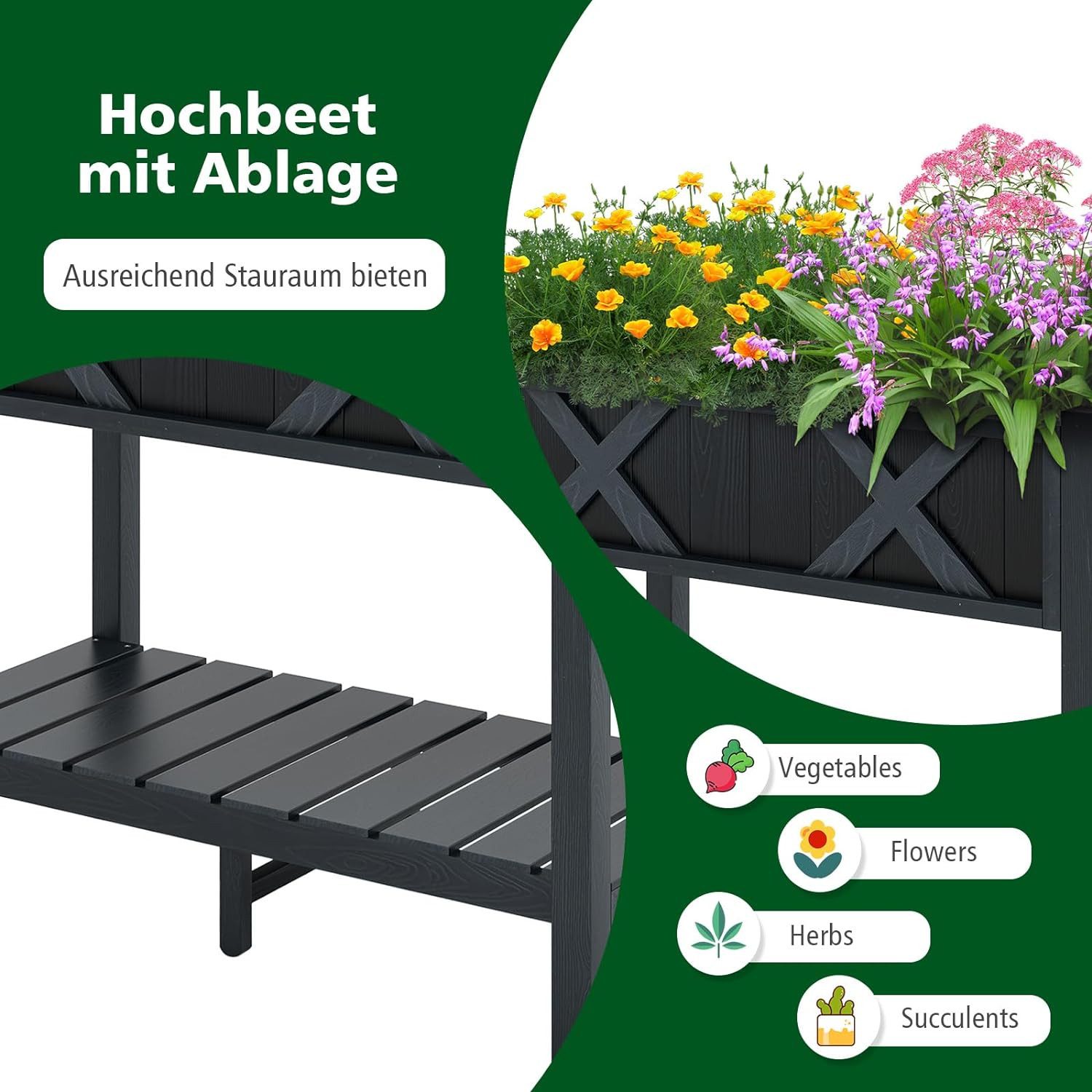 KOMFOTTEU Hochbeet Pflanzkasten, mit Ablage, 86 x 45 x 73 cm
