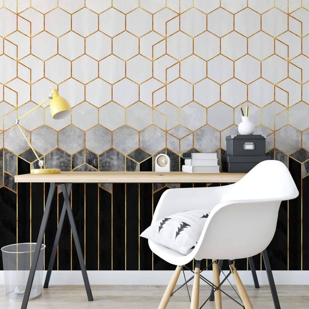 K&L Wall Art Fototapete Große Vliestapete XXL Art Deco Hexagon Schwarz Gold Vintage, Wohnzimmer Wandschutz
