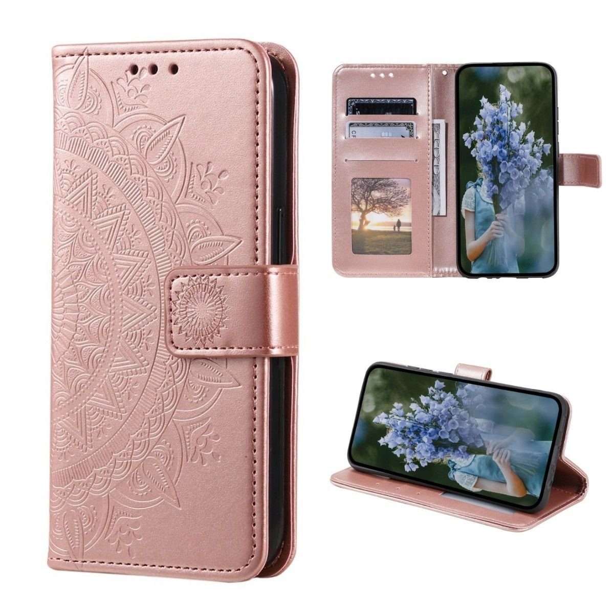 CoverKingz Handyhülle Hülle für Samsung Galaxy S23 Ultra Handyhülle Flip Case Cover Mandala 17,27 cm (6,8 Zoll), Klapphülle Schutzhülle mit Kartenfach Schutztasche Motiv Mandala