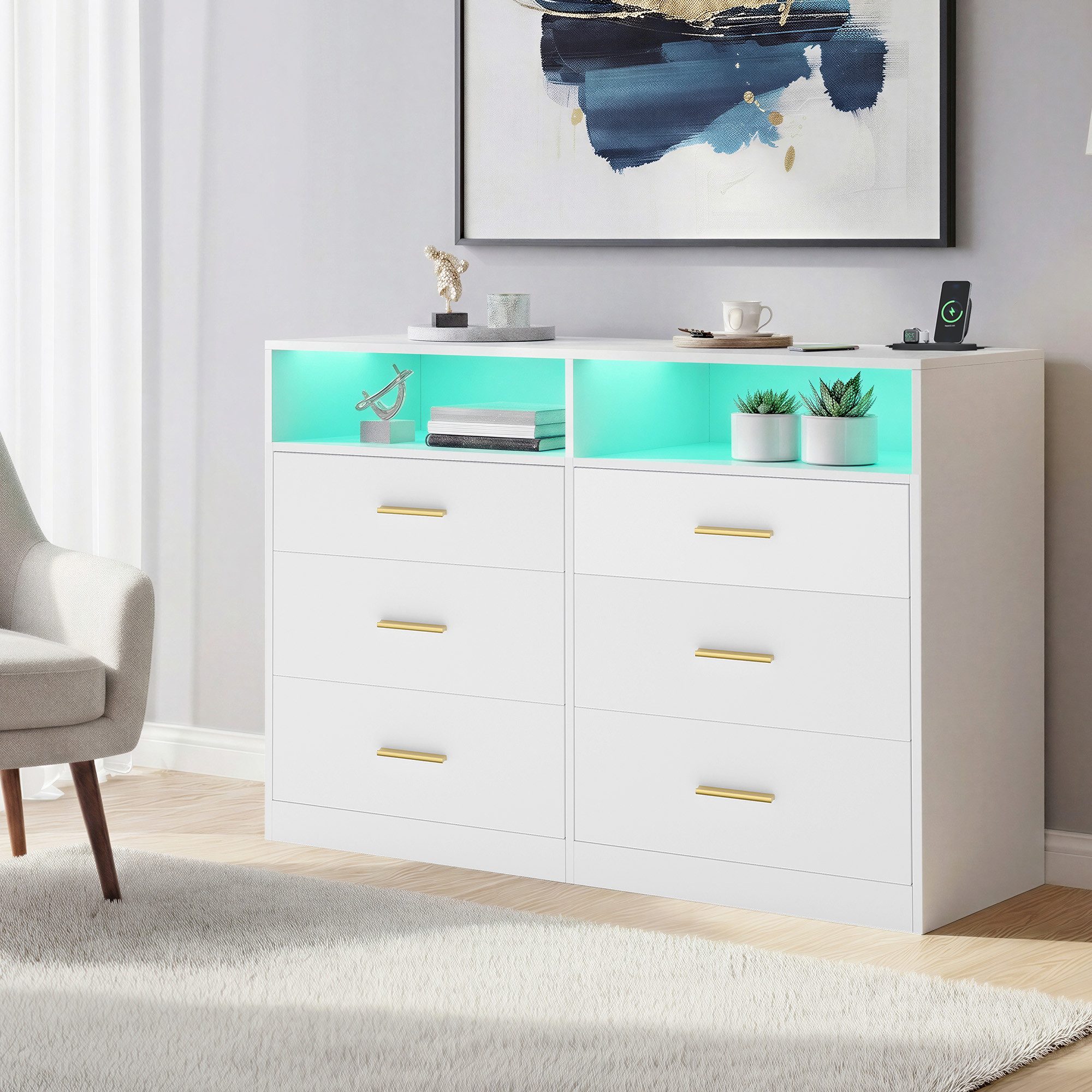 VASAGLE Kommode, Kommodenschrank mit LED-Beleuchtung und Steckdosenleiste, Sideboard