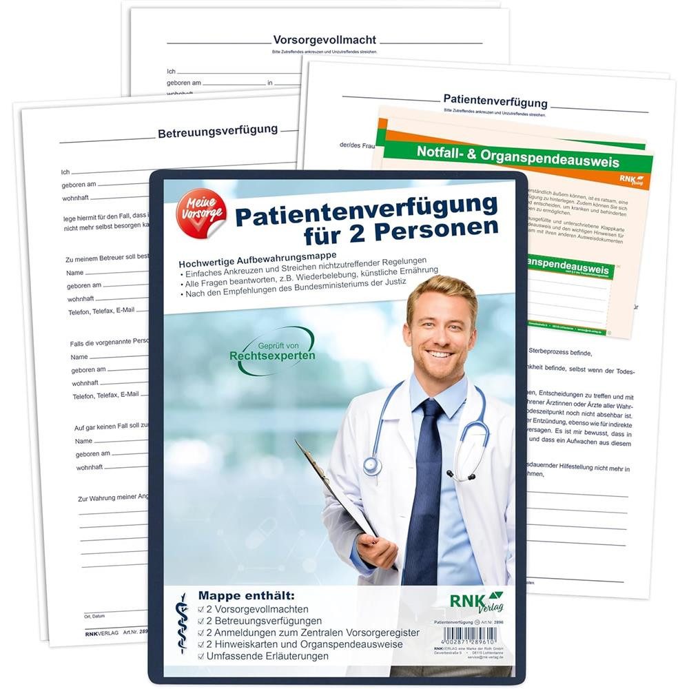 RNK Verlag Organisationsmappe Patientenverfügung für 2 Personen mit Vorsorgemappe, Für 2 Personen, Vorsorgevollmacht, FAQ-Erklärungen, Hinweiskarten