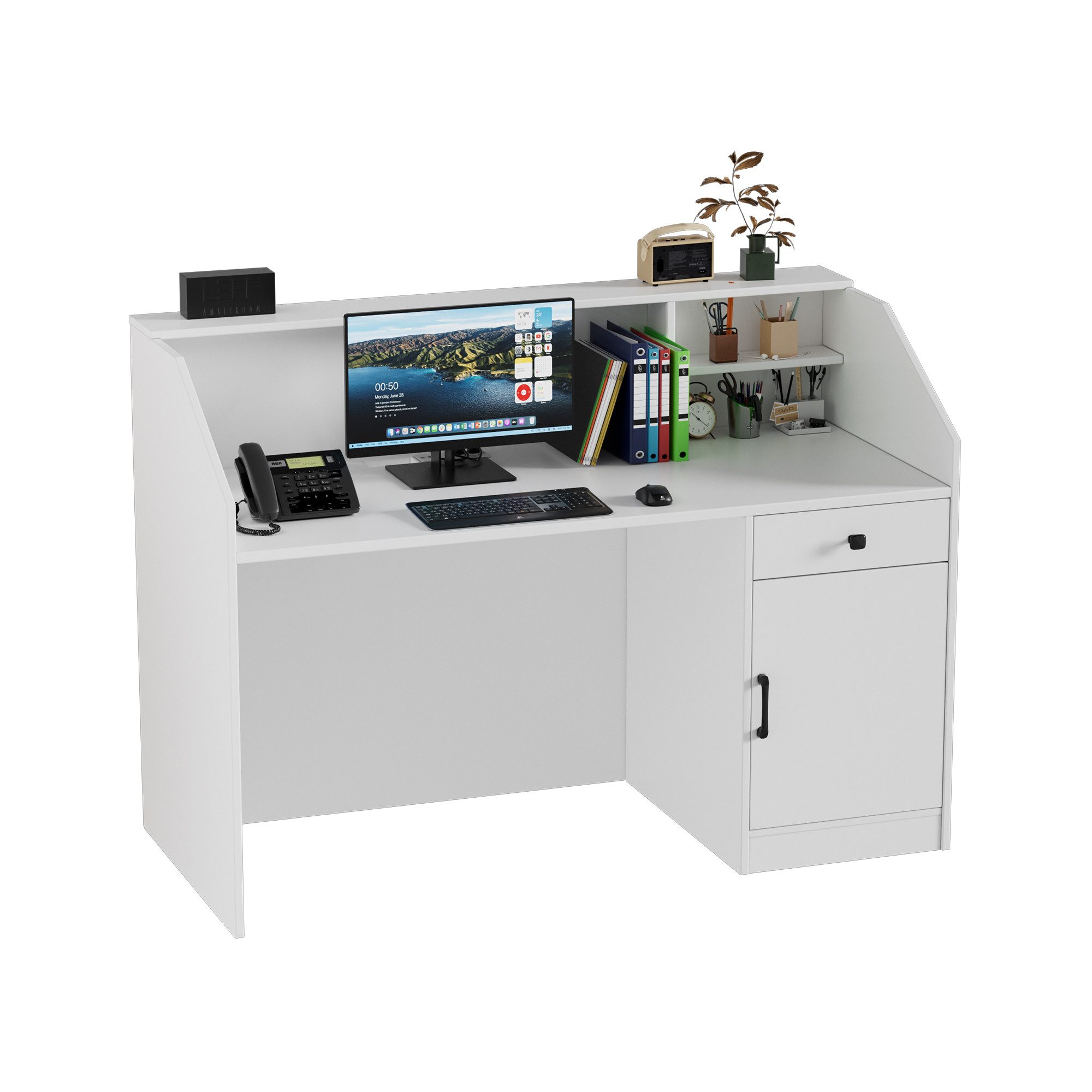 TWSOUL Empfangstheke mit LED-Beleuchtung,Rezeptionstresen mit Schublade & Stauraum, Holz-Theke mit Ladestation, modern, 140 × 60 × 110 cm