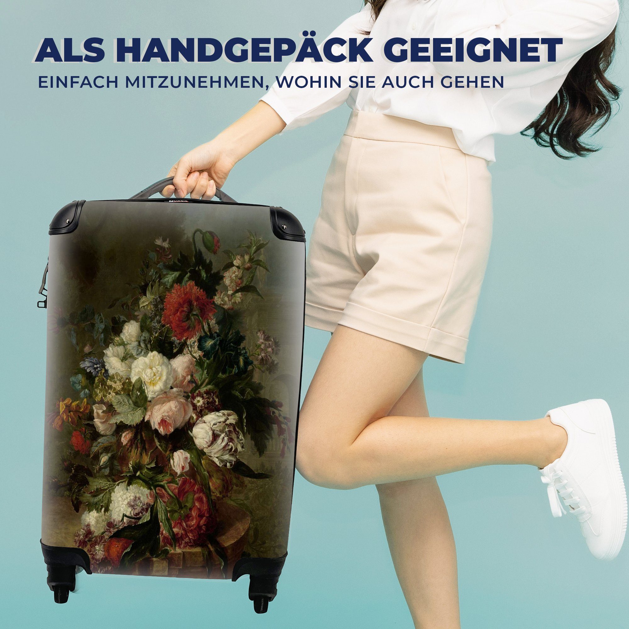 Gemälde 4 Handgepäck mit Uppink, Reisekoffer Reisetasche für Rollen, rollen, Trolley, MuchoWow Handgepäckkoffer Harmanus mit Blumen von Ferien, Stilleben -