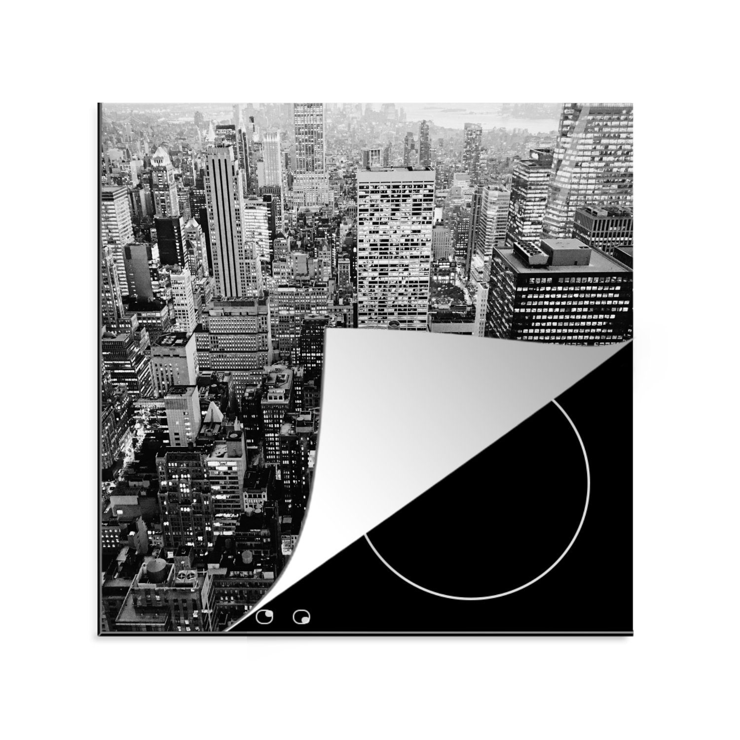 MuchoWow Herdblende-/Abdeckplatte Luftaufnahme von Manhattan - schwarz und weiß, Vinyl, (1 tlg), 78x78 cm, Ceranfeldabdeckung, Arbeitsplatte für küche