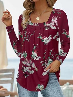 KIKI Longbluse Damen-T-Shirt Plissiert Quadratischer Ausschnitt Langarm Floral