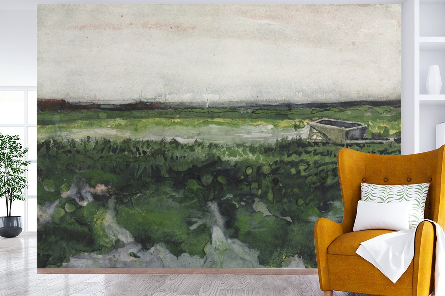 MuchoWow Fototapete Landschaft mit Schubkarre für Gogh, (6 St), Montagefertig Matt, Vinyl bedruckt, Tapete - Vincent Wandtapete van Wohnzimmer