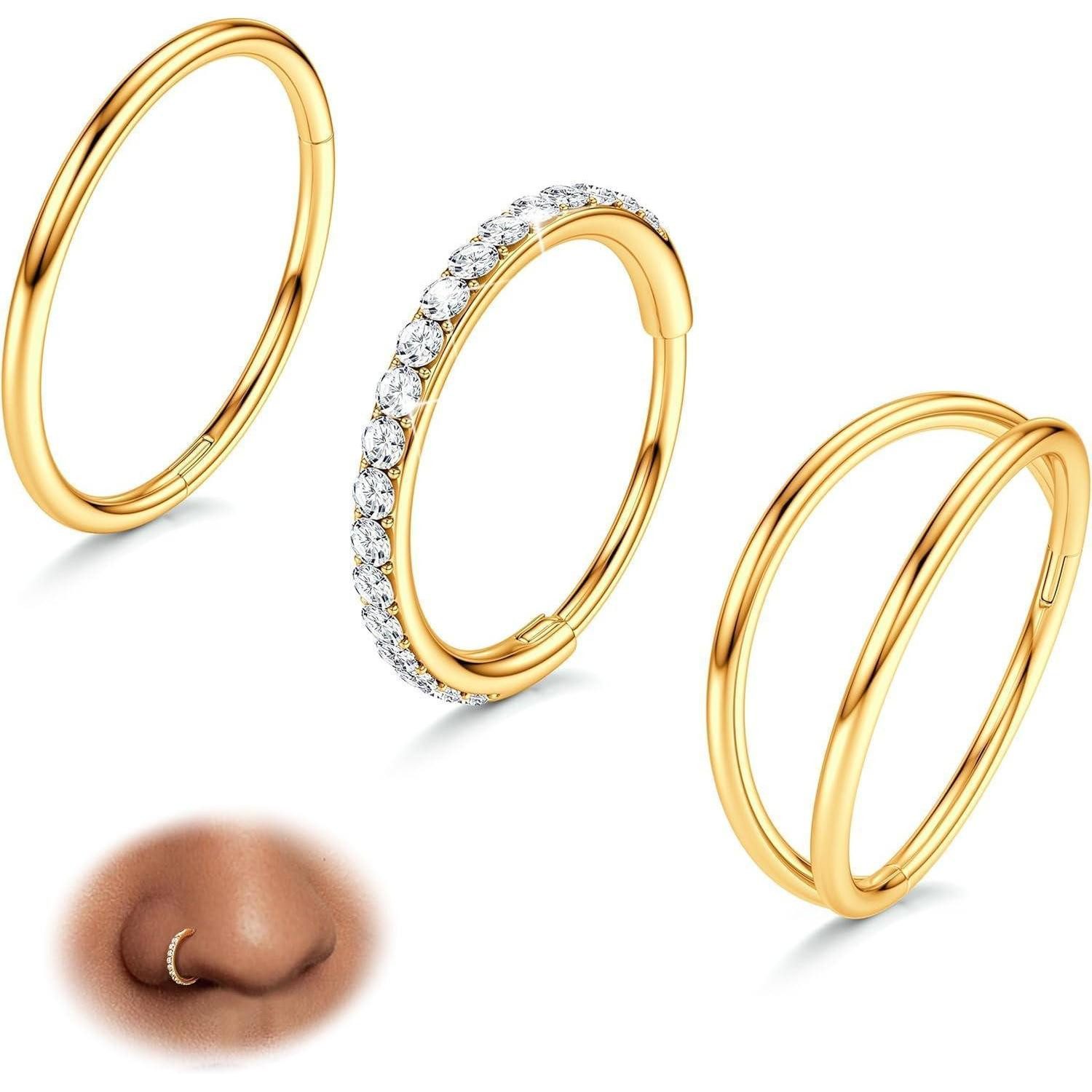 Nasenpiercing 3er Set 18G Nasenpiercing Ring Chirurgenstahl CZ Gold Silber 8mm