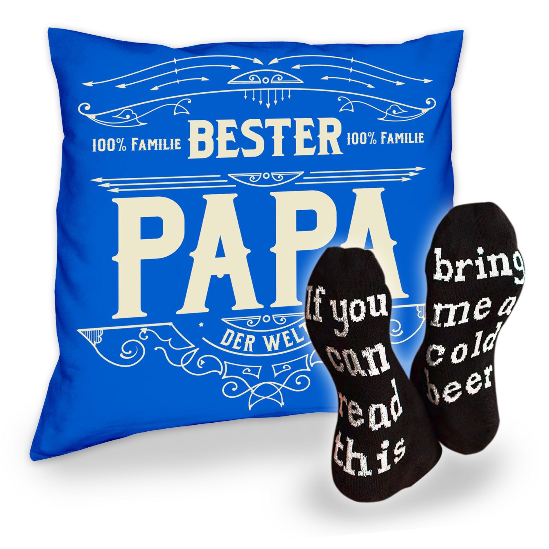 Dekokissen mit Socken Männer Spruch, und royal-blau Soreso® Vatertagsgeschenk Kissen Papa Bester Bier Papa