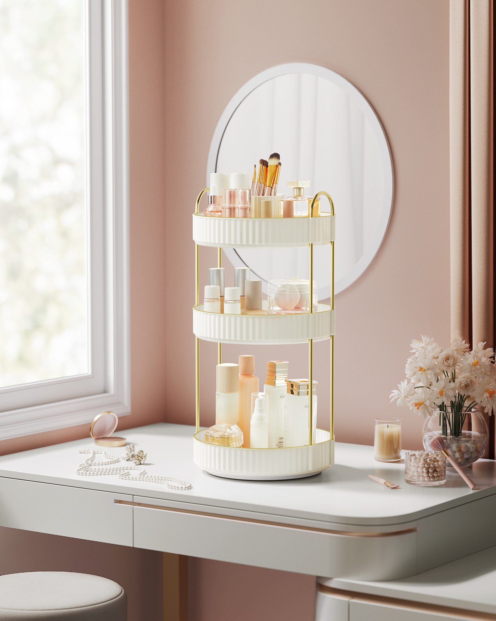 SONGMICS Make-Up Organizer drehbar, Kosmetik-Organizer rund, 360° Drehbarer, Kosmetik Aufbewahrung, Geschenkidee