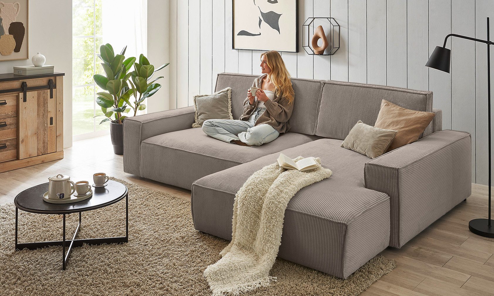 Home affaire Ecksofa NEU: SHERWOOD XXL 284, Big-Sofa L-Form, tiefe Sitzfläche 95 cm, Cord, Recamiere rechts/links, als Schlafsofa stellbar, Cord u. Leinenoptik