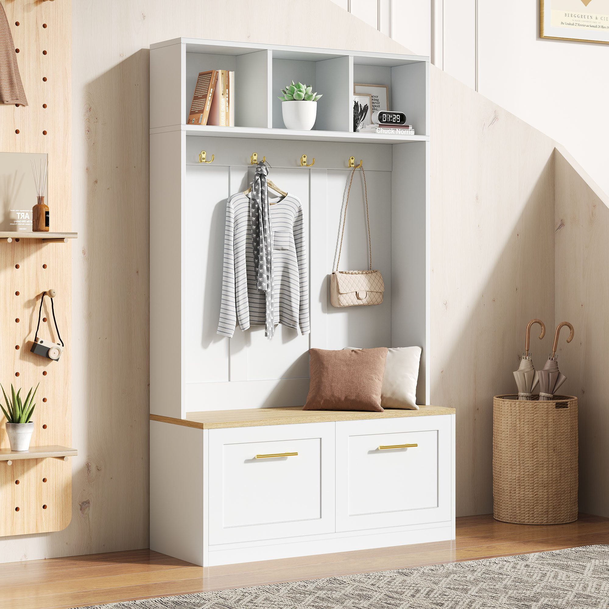 Refined Living Garderoben-Set Garderobenschrank mit Haken & Sitzbank, Flurgarderobe in Weiß, (Maße: B105/ /40/H180 cm, Kompaktgarderobe mit 4 Haken, offenem Stauraum und 2 TürenFlurmöbel, Kleiderhaken, Flurschrank mit Aufbewahrung, Eingangsbereich Möbel, Hakenleiste, Kompakter Garderobenschrank, Sideboard, Kommode, Aufbewahrungsbank, Schuhschrank, 1-St., platzsparendes Design,Stabile, langlebige Konstruktion,Goldoptik), für Flur,Wohnzimmer, Eingangsbereich,Wohnzimmer,Schlafzimmer,Wohnung