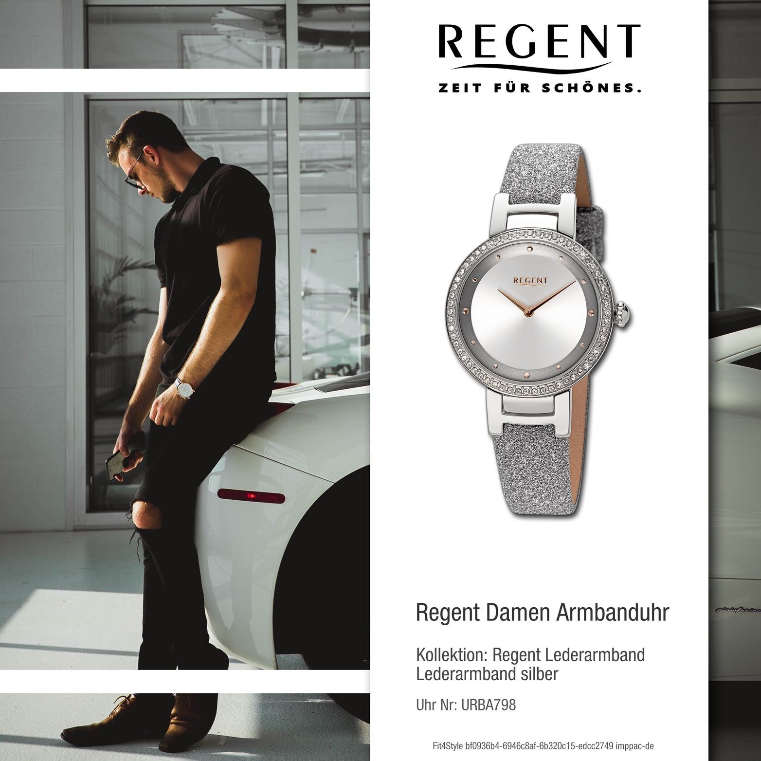 Regent Quarzuhr Armbanduhr 33mm) extra rundes Analog, Damenuhr Regent silber, Lederarmband Gehäuse, groß (ca. Damen