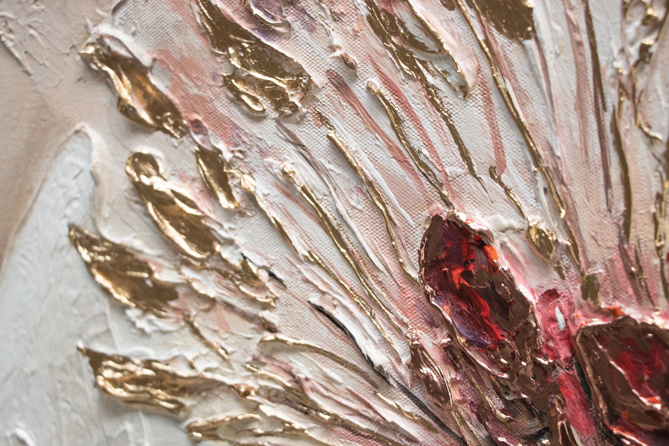 YS-Art Gemälde Malve, Blumen, Gold Weiß Blume Leinwand Bild Handgemalt