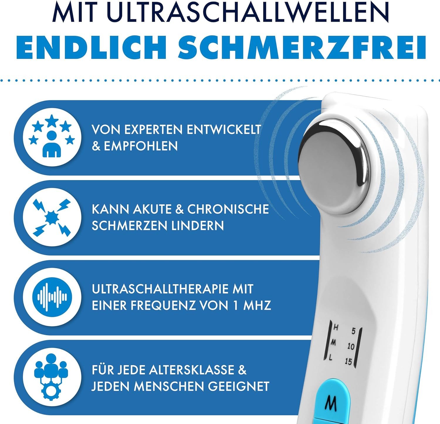 Sanicur Massagegerät Ultraschall-Schmerztherapiegerät mit 3 Intensitätsstufen, Effektiv bei Muskelschmerzen, Arthrose, Zerrungen & Verspannungen