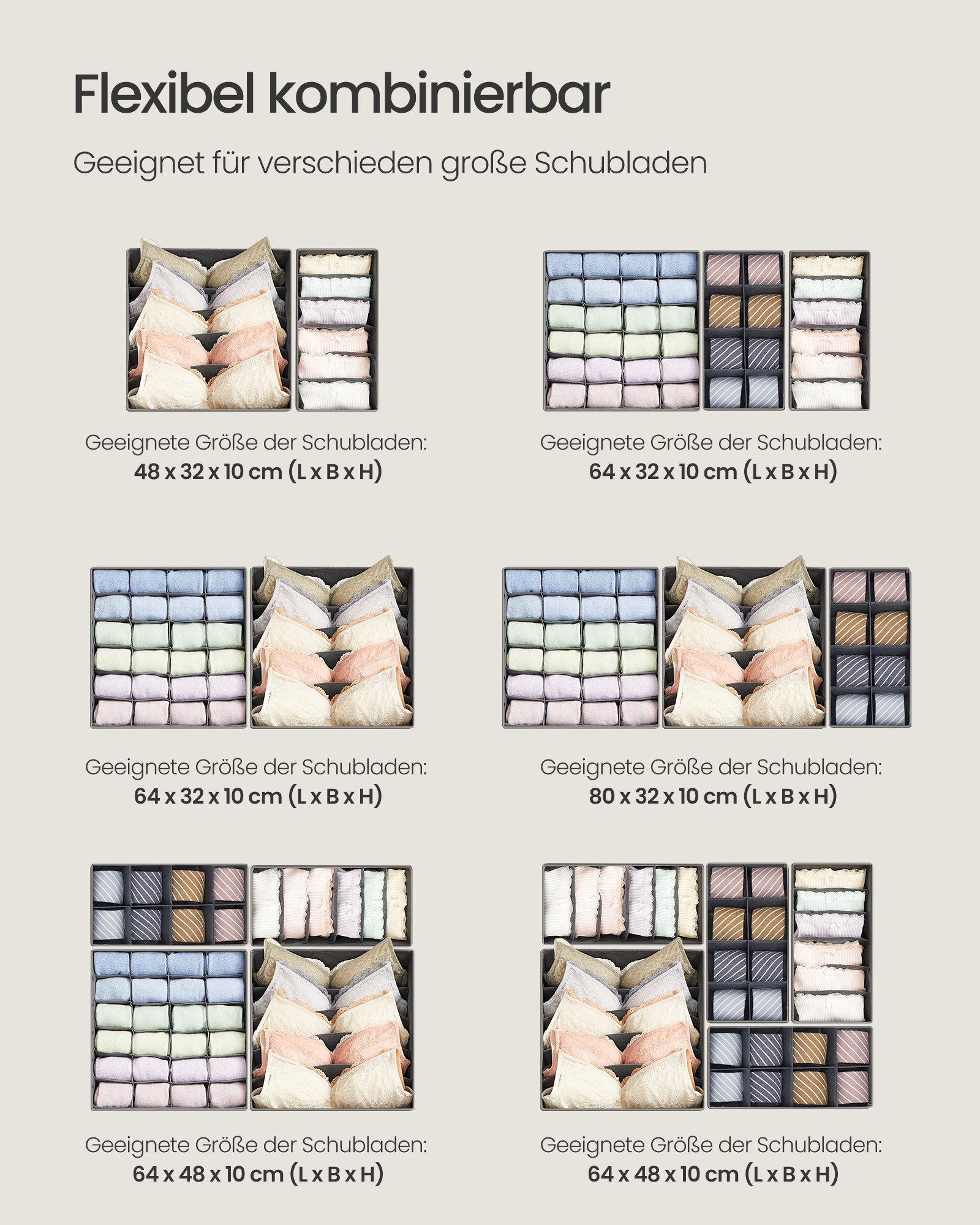 SONGMICS Aufbewahrungsbox Unterwäsche-Organizer, faltbar, Stoffboxen, für BHs Socken Krawatten (8 St), 8 Stück, Ordnungssystem Kleiderschrank, Aufbewahrungsbox  – Bild 4 von 5