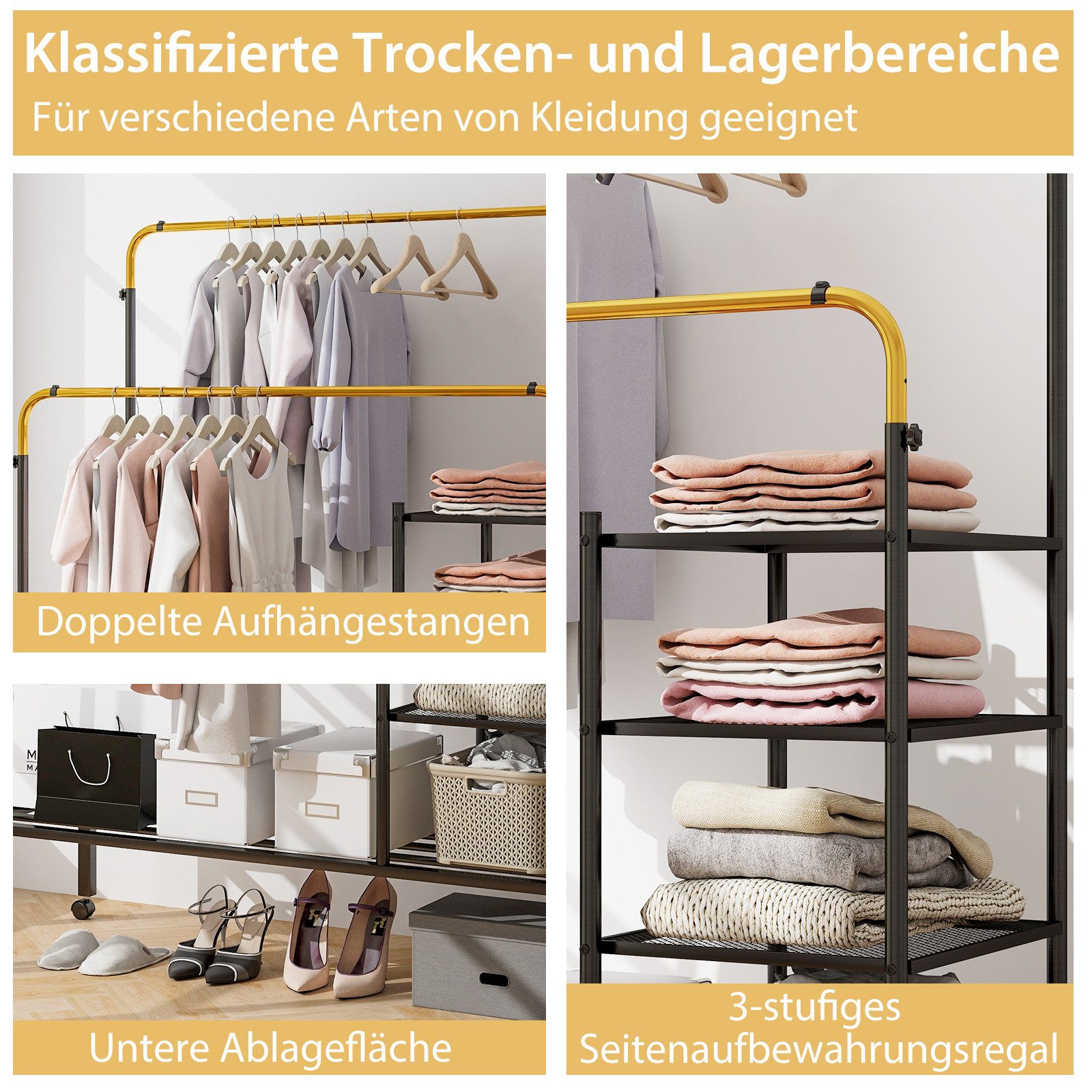 COSTWAY Kleiderständer, mit Rollen, Kleiderstangen, Ablagen, günstig online kaufen