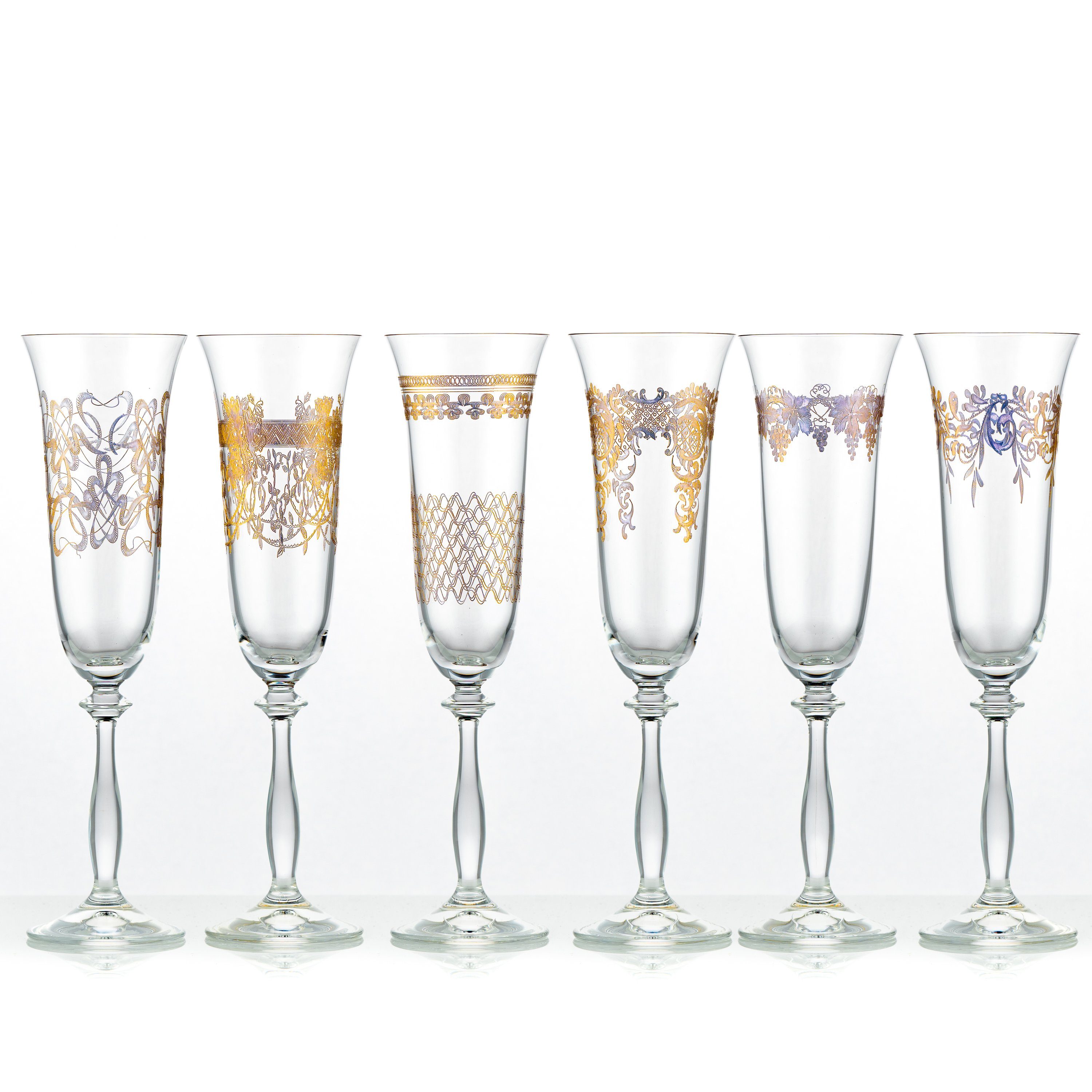 Crystalex Sektglas Royal unterschiedlichen Ornamenten Gold Sektgläser 190 ml 6er Set, Kristallglas, Pantografie in Gold, Kristallglas, 6 unterschiedliche Ornamente