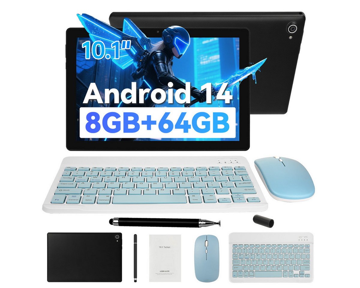 BUFO 10 Zoll HD, 3 GB RAM, 64 GB Erweiterbar auf 1 TB, Android Tablet (10", 64 GB, Android 14, 2,4G/5G WiFi, Octa Core Prozessor, Widevine L1, mit Tastatur, Maus und Stylus)