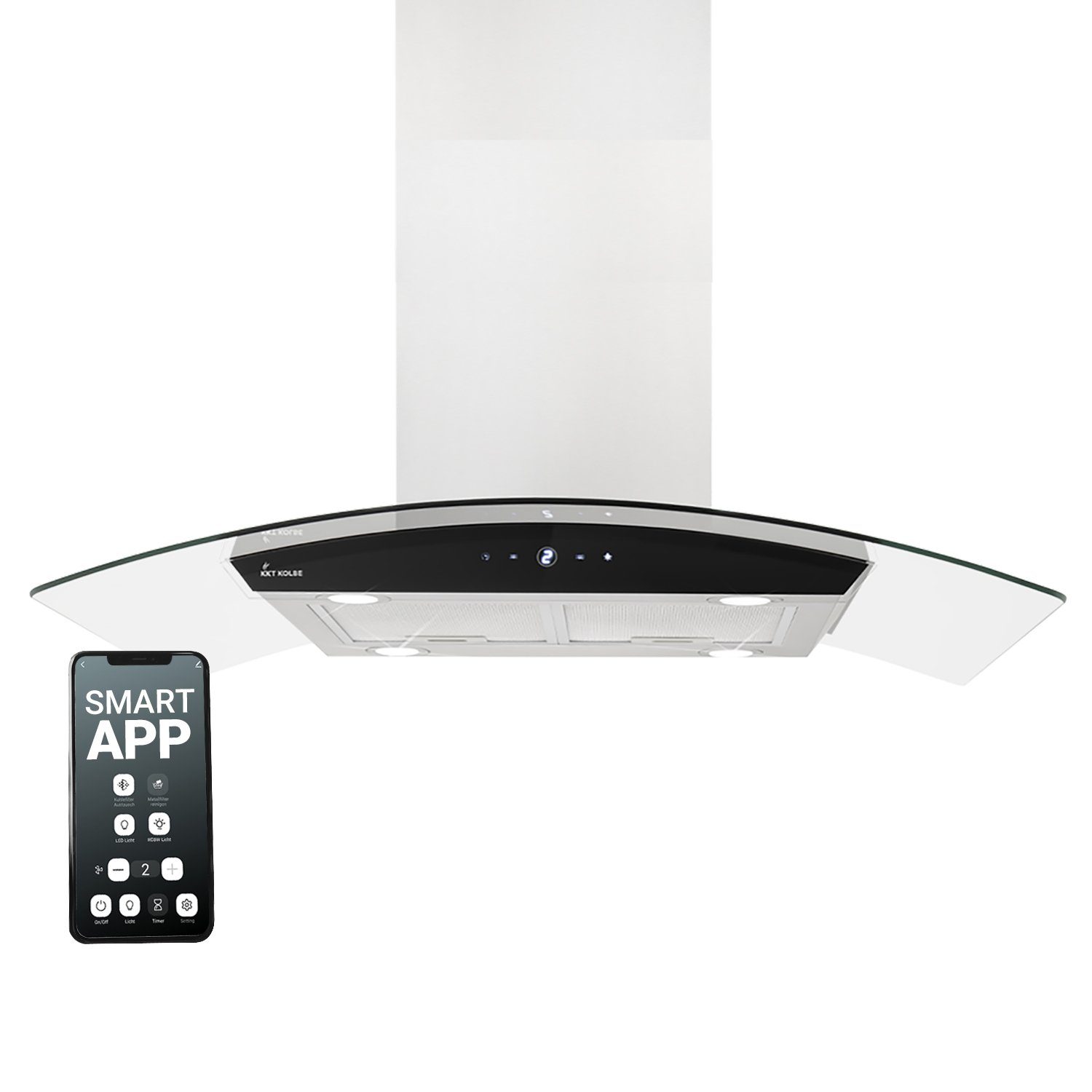 KKT KOLBE Inselhaube Dunstabzugshaube 90cm SINUS-INSEL-HC, 90cm / Smarte WiFi-App / Edelstahl / Glas / Leise / Touch / LED