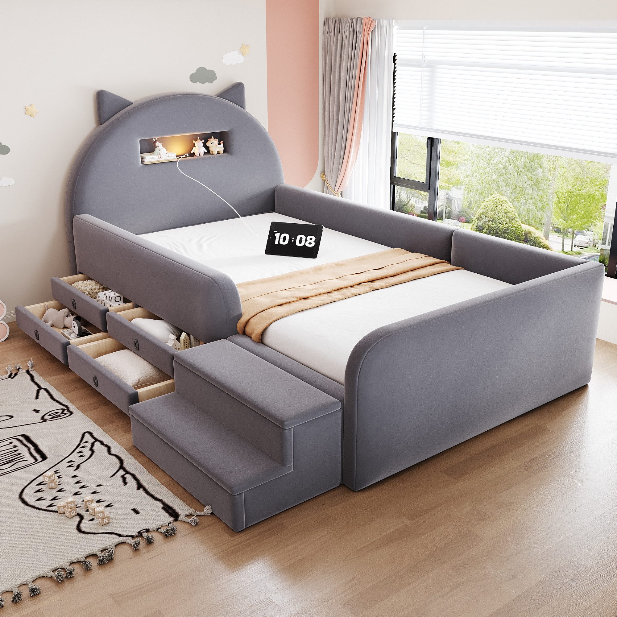 STILVORA Polsterbett 90×200 mit Stauraum Funktionbett Kinderbett, ohne Matratze (Jugendbett, USB-Anschluss, Nachtlicht, 4 Schubladen, Samtbezug, Ohrkopfteil, Stufenbank, Komfortpolster, hautfreundlicher Samt), für Kinderzimmer, Jugendzimmer, Gästezimmer