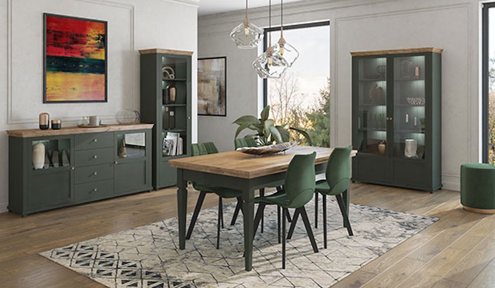 Helvetia Esszimmer-Set Elda, (Evora, 4-teilig), 378cm grün - Eiche Lefkas 4-teilig