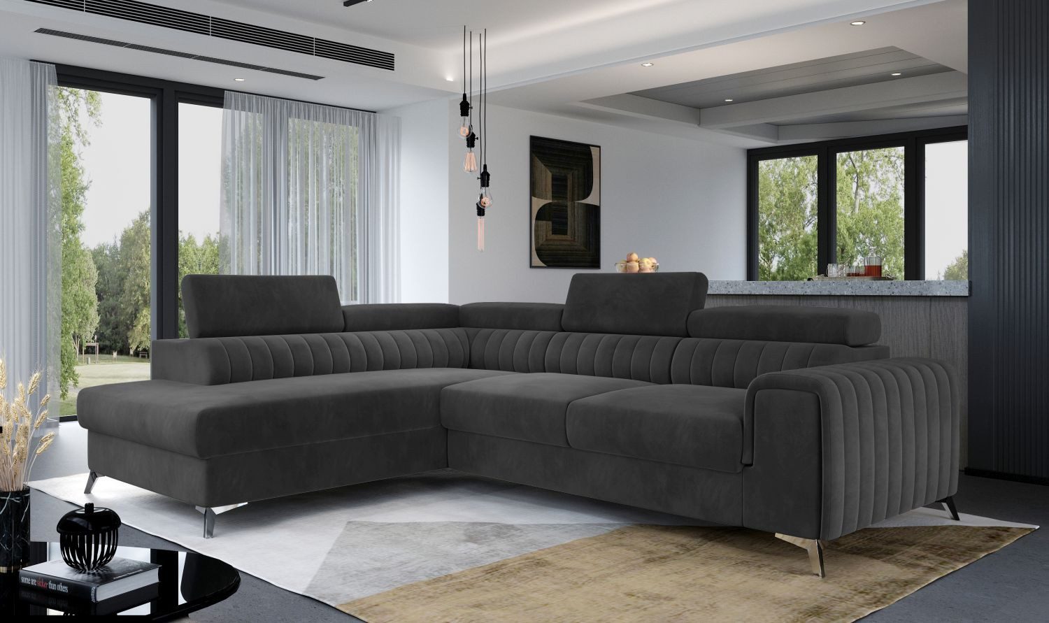 Lukas Möbel Ecksofa Modernes Ecksofa Laura mit Schlaffunktion Bettkasten, regulierbare Kopfstützen, Bettfunktion, Rückseite bezogen