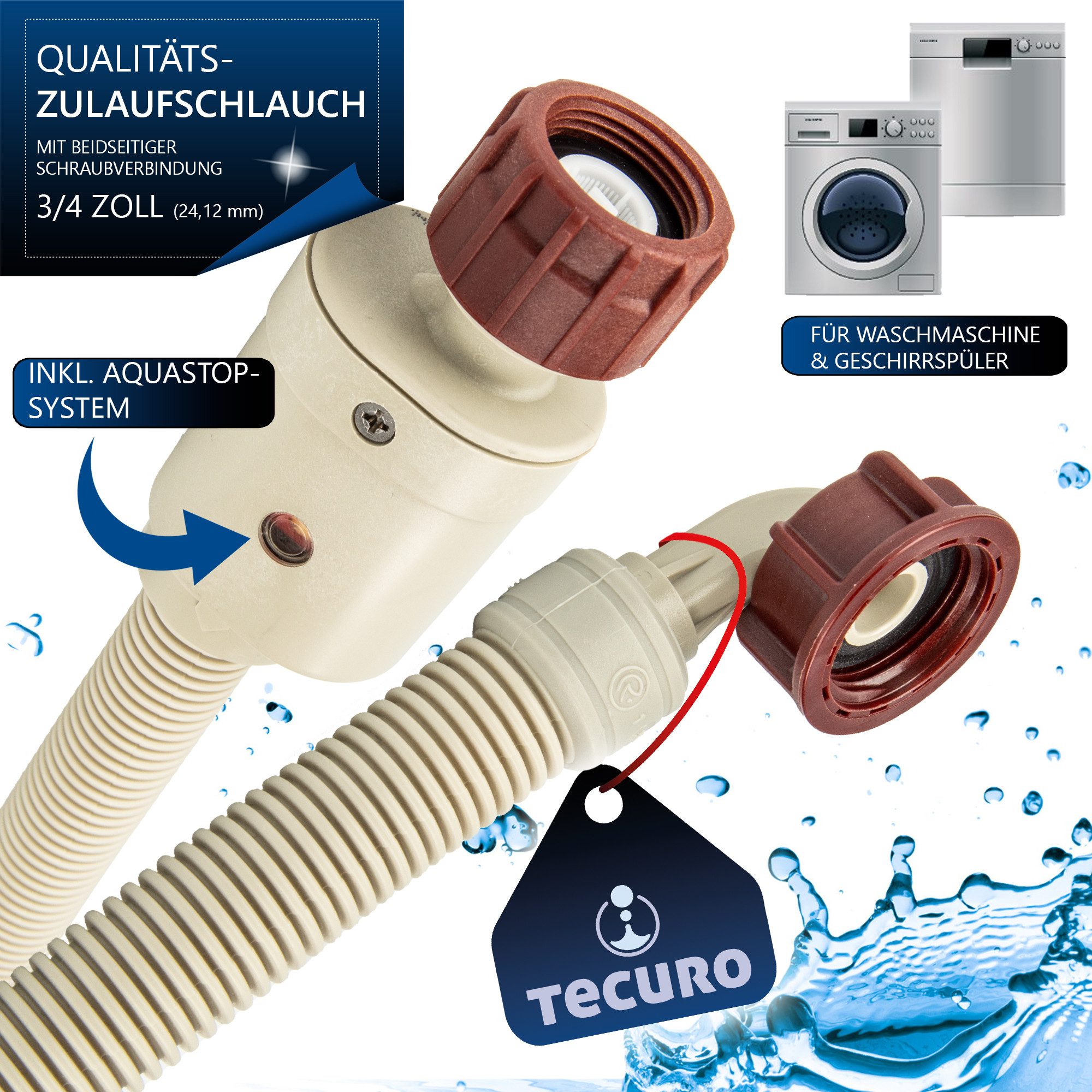 tecuro Schlauch Aquastop Sicherheits-Zulaufschlauch für Wasch,-Spülmaschschine