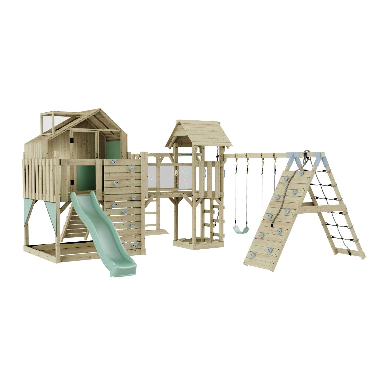 OutdoorToys Spielturm Milo, aus Holz in Mintgrün mit Kinderschaukel & Rutsche, Kletterwand