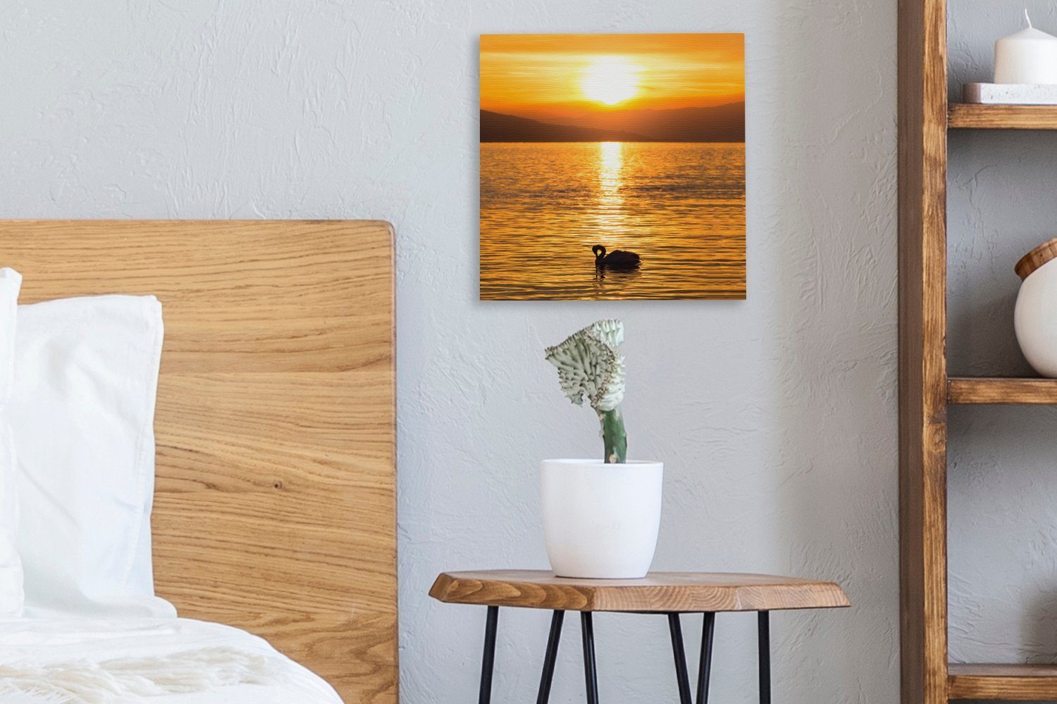 Leinwandbild Gold, Bilder (1 St), Schlafzimmer OneMillionCanvasses® Schwan für Wohnzimmer - Leinwand Sonnenuntergang -
