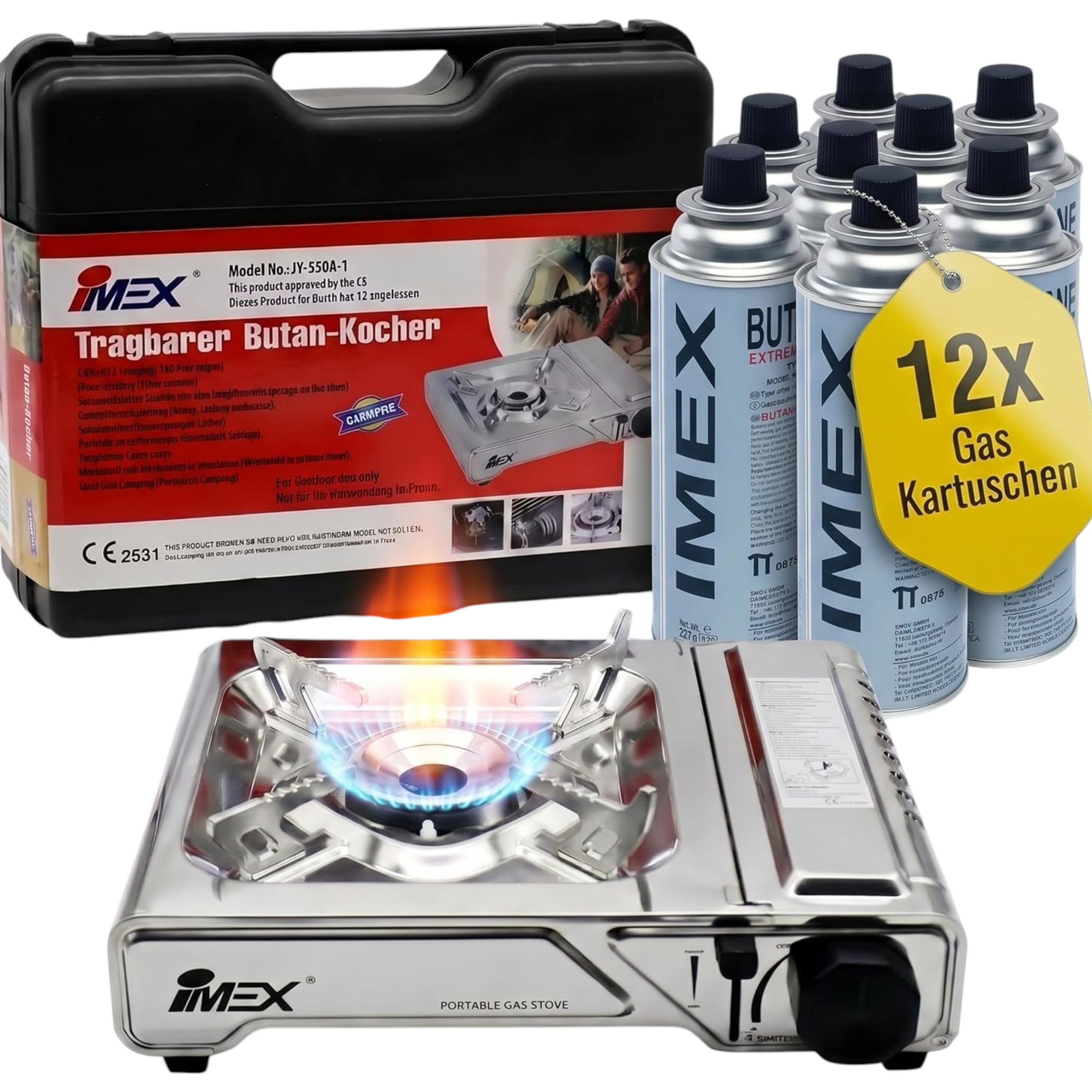 IMEX Gaskocher IMEX JY550A-1 Butan Gaskocher 2200 W mit Koffer + 12 Gaskartuschen