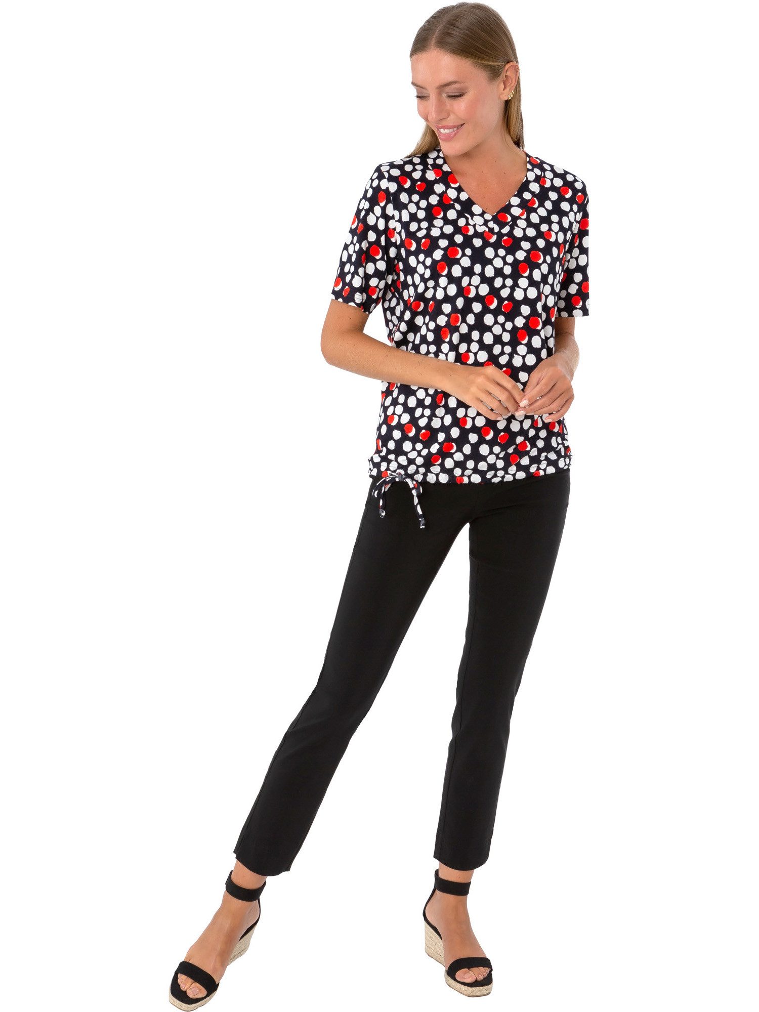 Estefania for woman V-Shirt 194-1241, in Kurzarm gepunktet Zugband und Tunnelzug am Saum