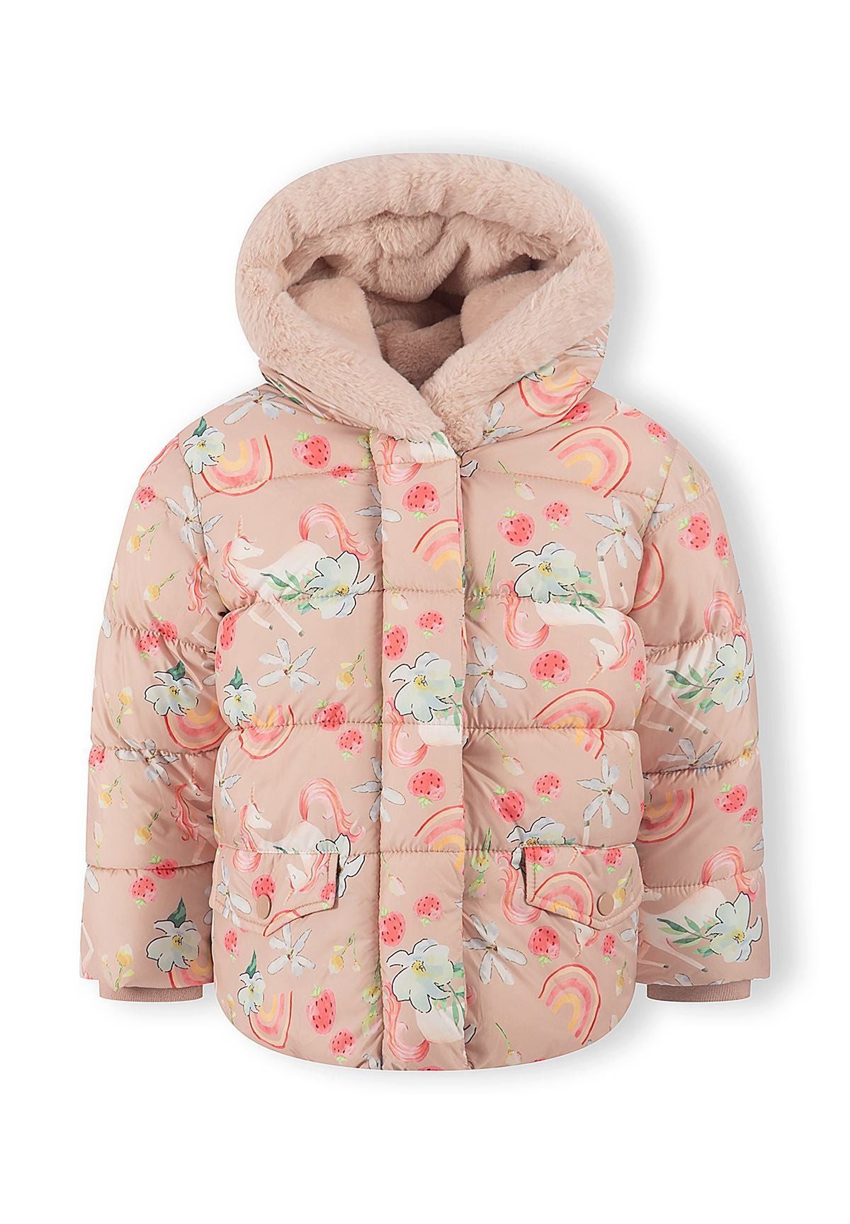 MINOTI Winterjacke für Mädchen mit Einhornprint Kunstfellfutter