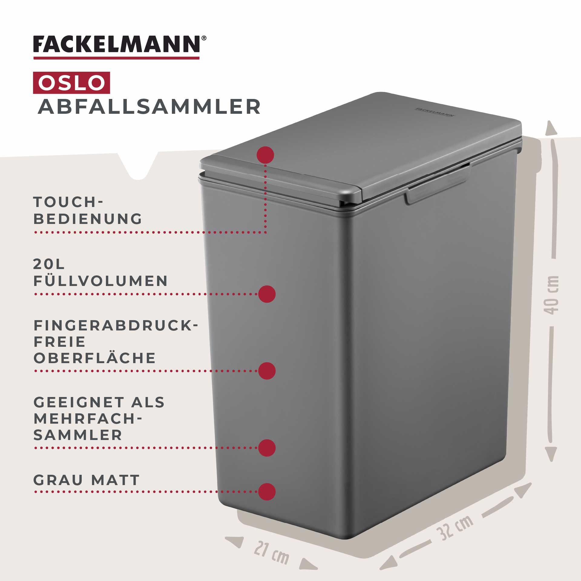 FACKELMANN Mülleimer OSLO, Touch Abfalleimer, ideal als Mehrfachsammler, leicht & robust mit sanfter Touch-Öffnung