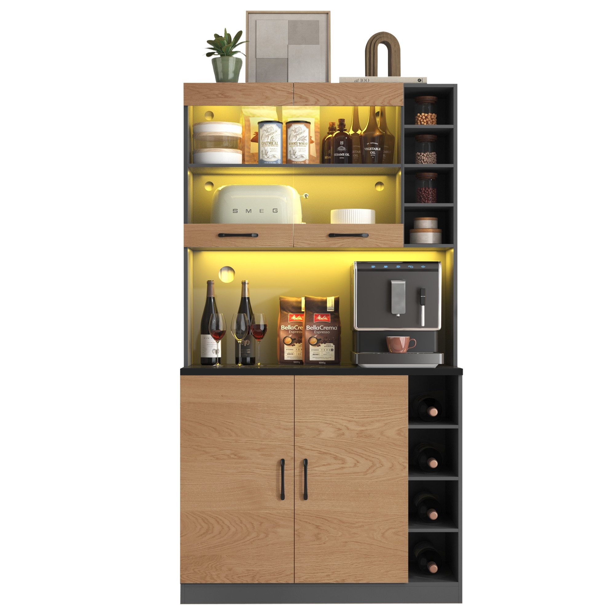 Küchenbuffet Mit LED-Beleuchtung - 90x40x90cm Schrank Mit 3 Schubladen & Acryltüren