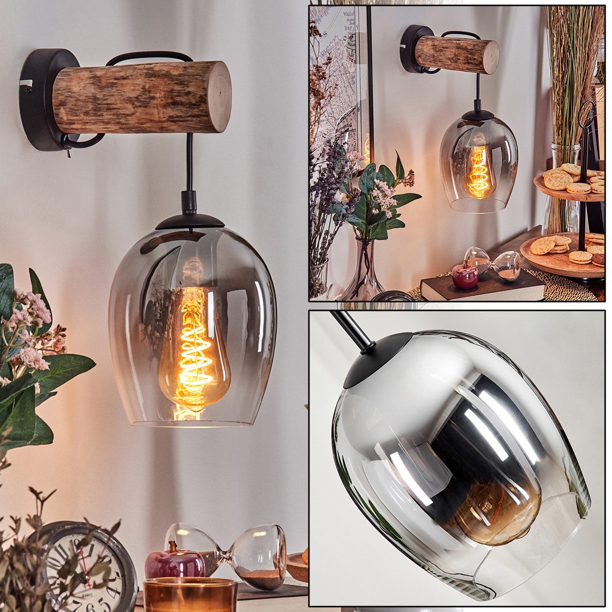 hofstein Wandleuchte Wandlampe aus Metall/Holz/Glas in Schwarz/Natur/Rauch/Klar, ohne Leuchtmittel, mit Glasschirm (15 cm), An/-Auschalter, 1 x E27, ohne Leuchtmittel