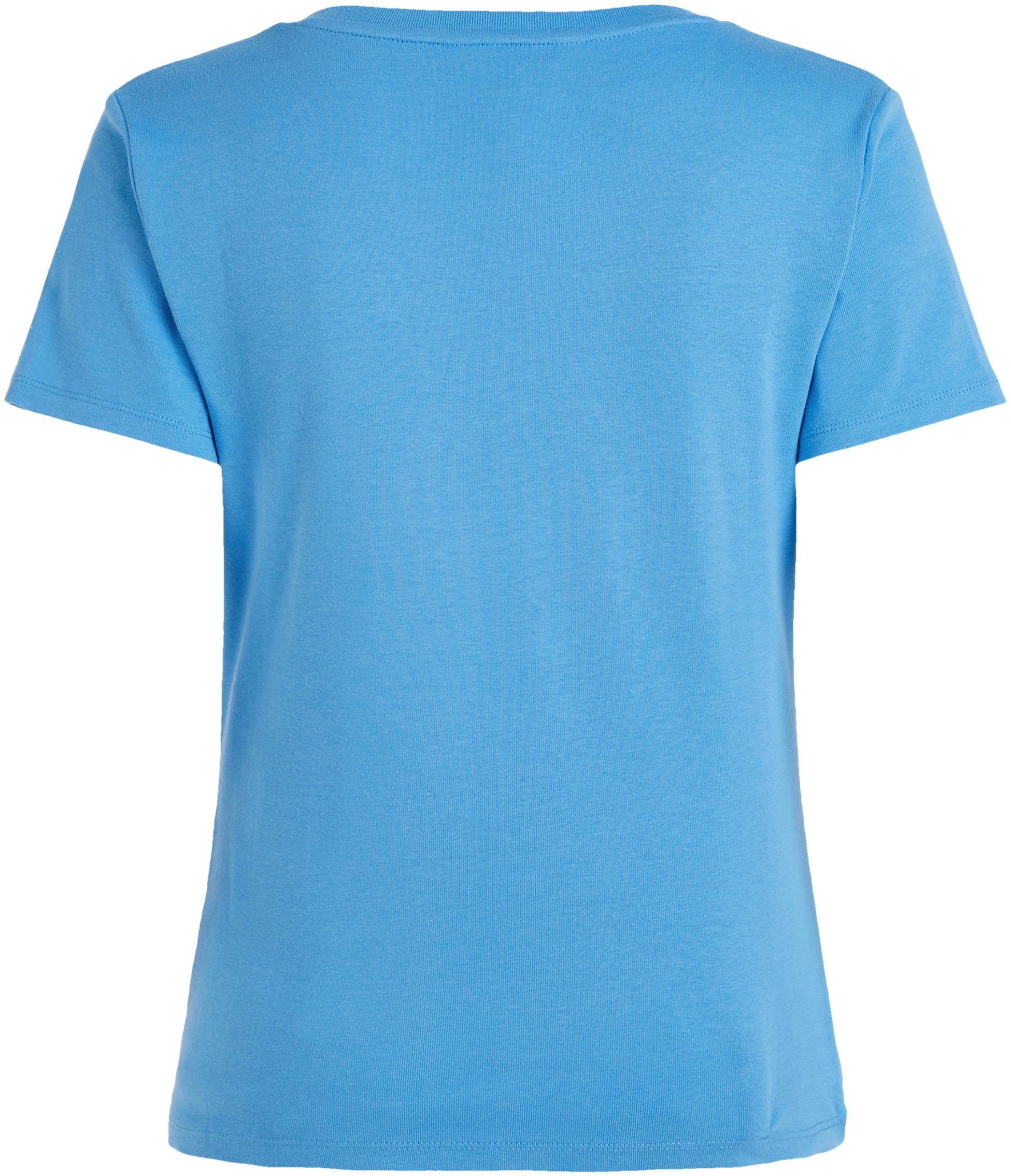 Tommy Hilfiger T-Shirt SLIM Hydrangea Blue Logostickerei mit SS CODY V-NECK dezenter RIB