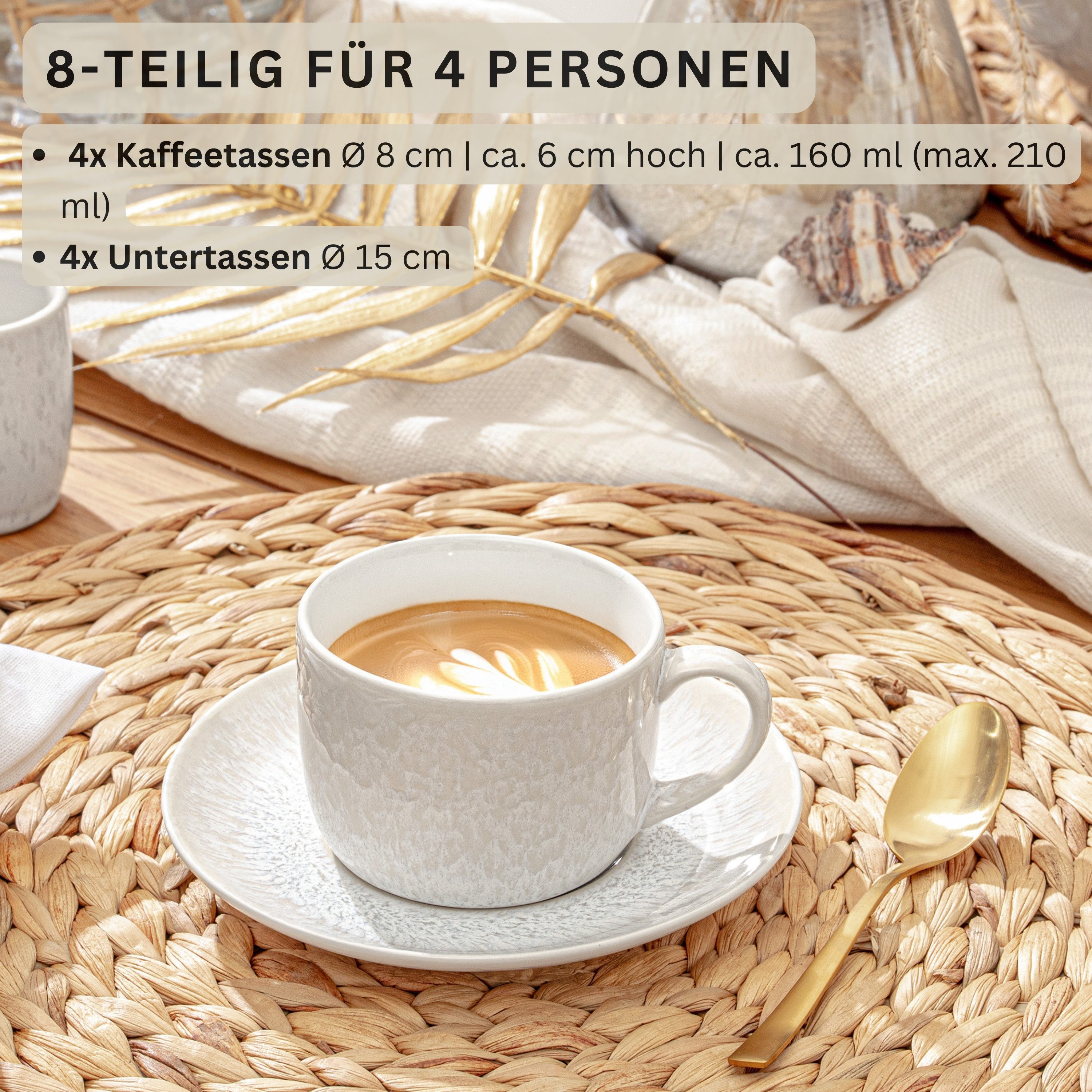 SÄNGER Becher Korfu Kaffeebecher Set (4-teilig), 8-tlg., Steingut, Creme Farben mit sandiger Maserung, Handmade, Premium Collection
