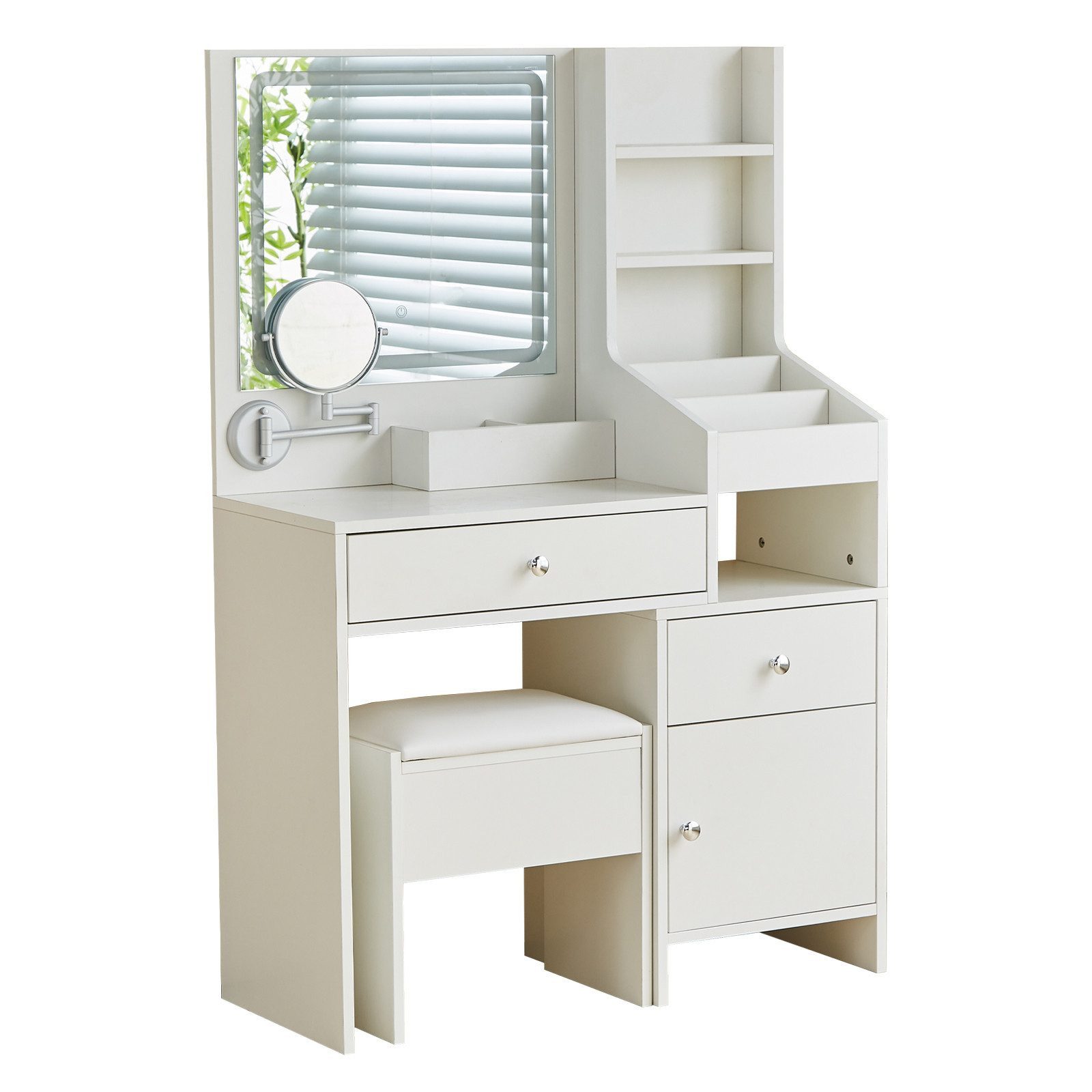 JYMTOM Schminktisch mit LED Beleuchtung Spiegel, Verstellbarer Helligkeit, 130x87x36 cm (mit Hocker), Kosmetiktisch mit 2 Schubladen, Frisiertisch mit drehbarem Spiegel