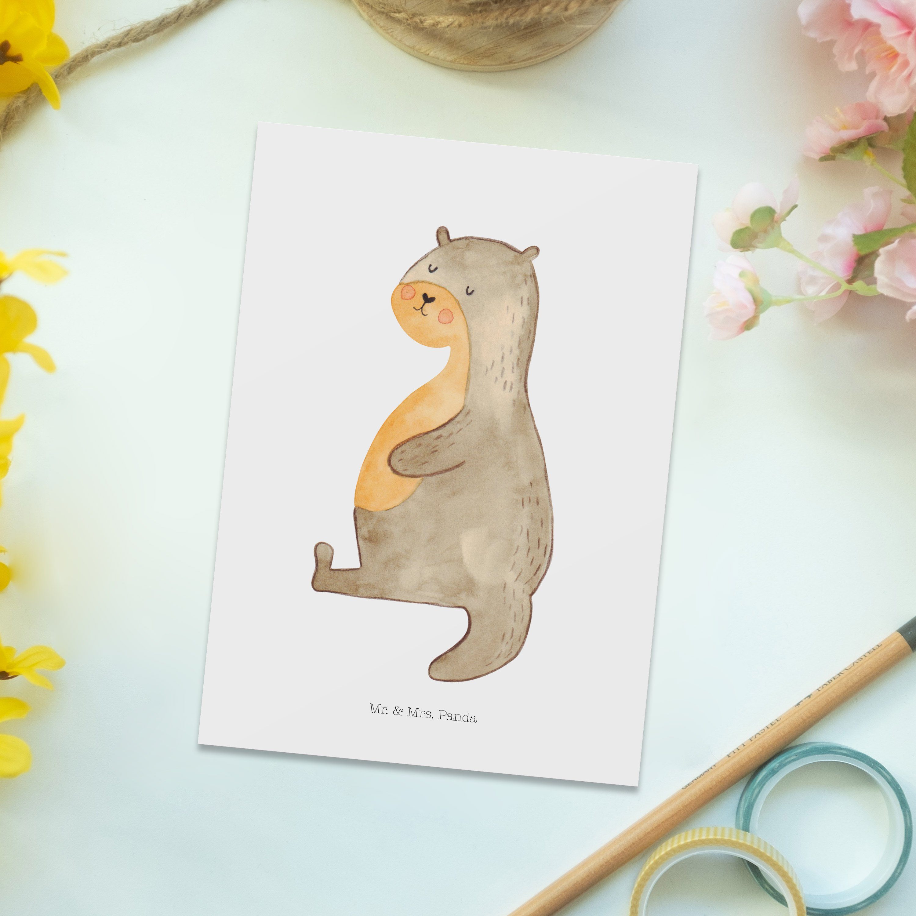 Mr. & Mrs. Panda Postkarte Einladung, - zufrieden, Bauch Weiß - Otter Geschenk, Einlad Seeotter