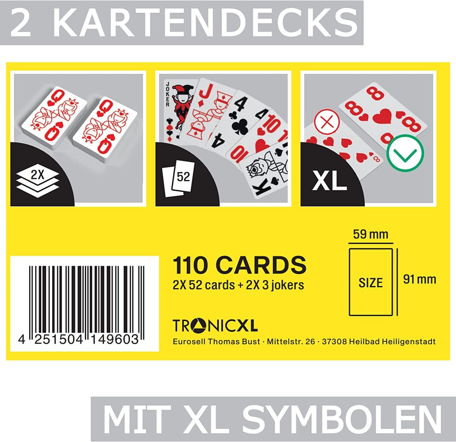 TronicXL Spielesammlung, 2 Stück Kartenspiel Spielkarten mit großen XL XXL  Zeichen für Senioren