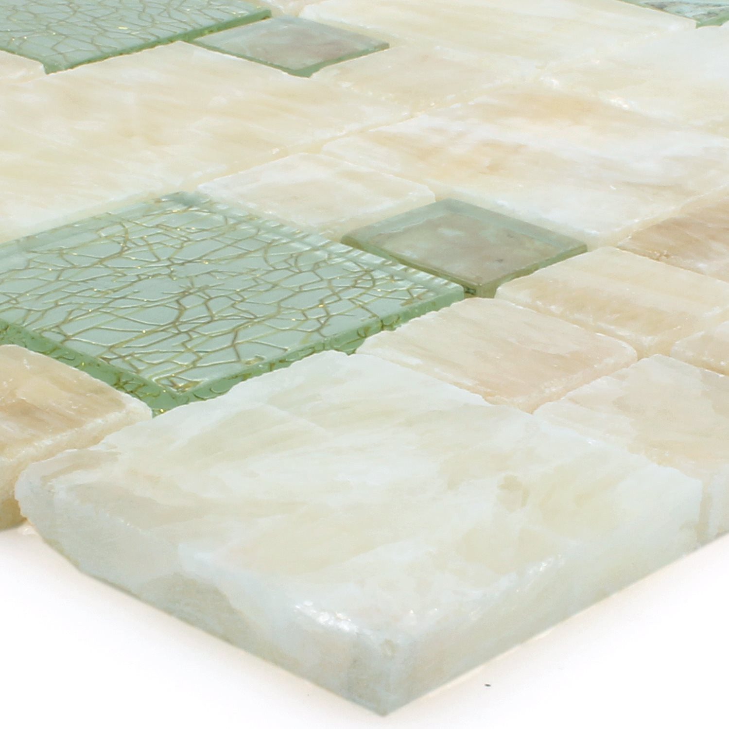 Mosafil Mosaikfliesen Glas Naturstein Onyx Mosaikfliesen Larinera Verbund, Naturstein-Glas-Onyx 30.000x30.000, gold-grün-gelb, Verlegefertig auf ein Netz geklebt - Wasserfest