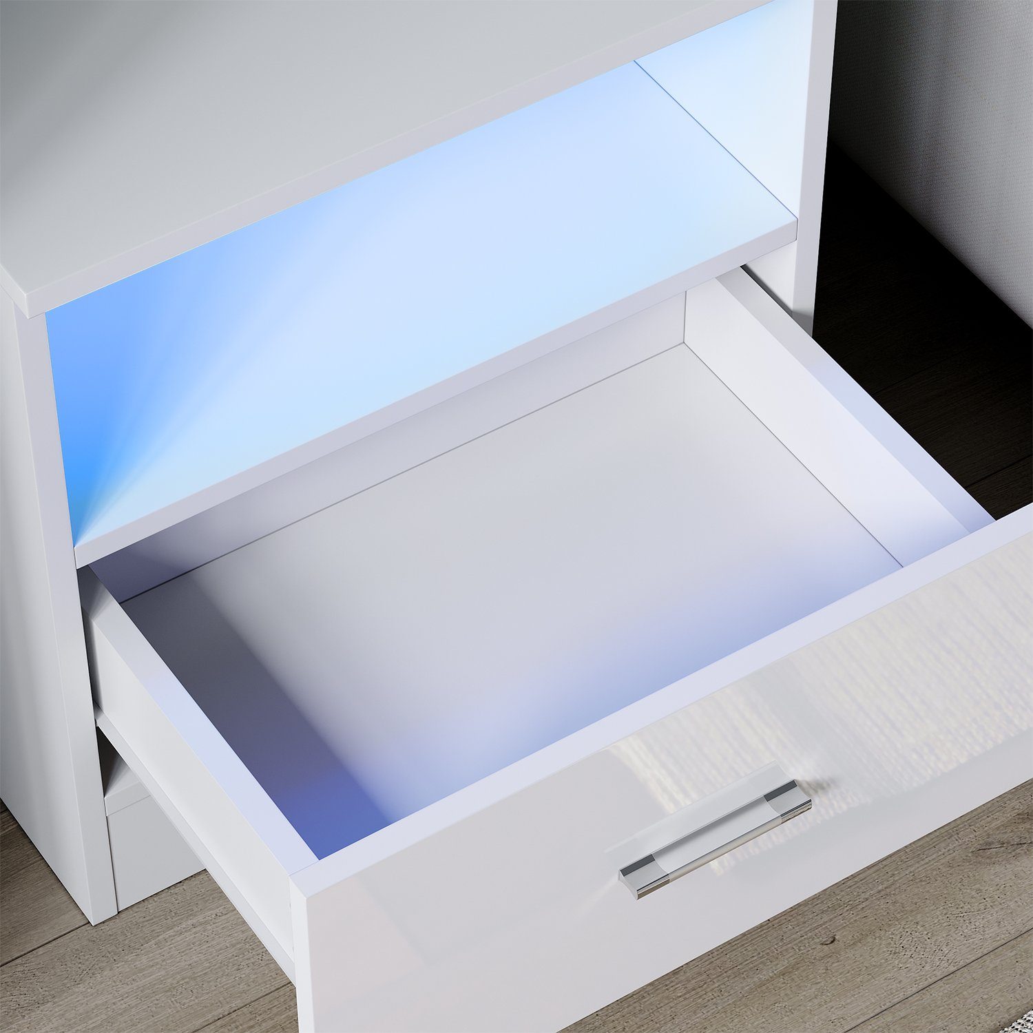SONNI Nachtkonsole Nachttisch mit led beleuchtung,schublade 45x35xH46.5cm, Nachtkommode weiss hochglanz, 45cm breit – Bild 2 von 5