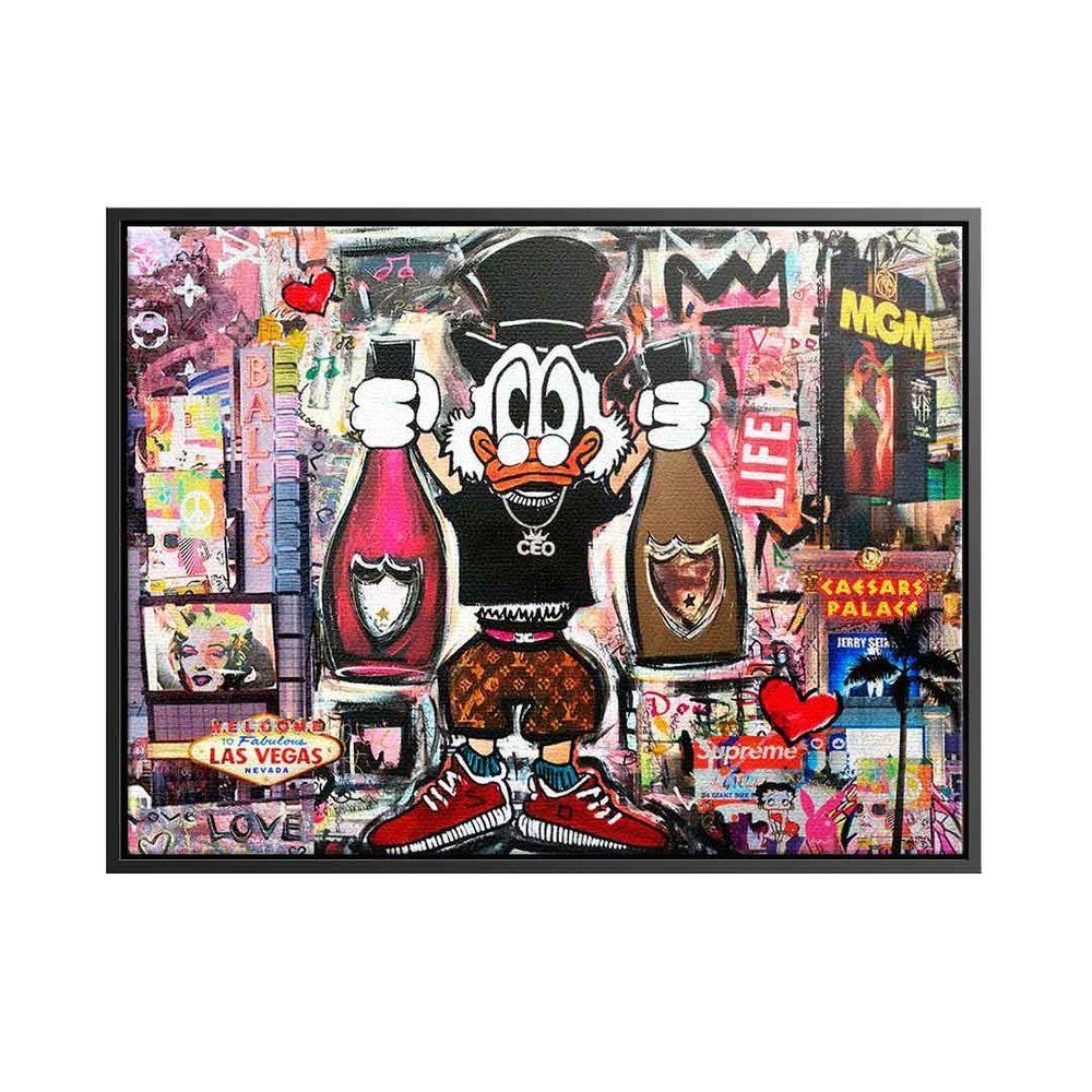 DOTCOMCANVAS® Leinwandbild Dagobert in Las Vegas, Dagobert Duck Leinwandbild quer Las Vegas Comic Pop Art Collage schwarzer Rahmen