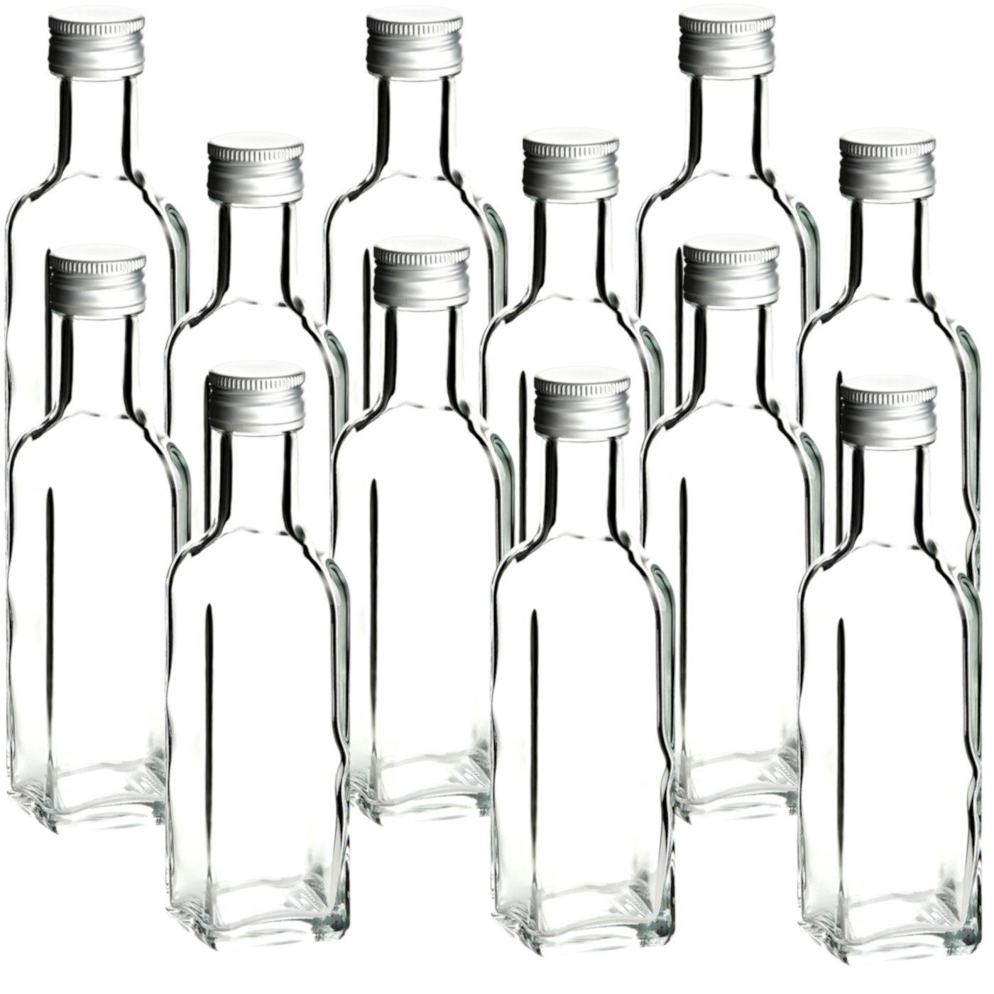 gouveo Trinkflasche Glasflaschen 100 ml Maraska mit Schraub-Deckel - Kleine Flasche 0,1l, 12er Set, transparent-silberfarben