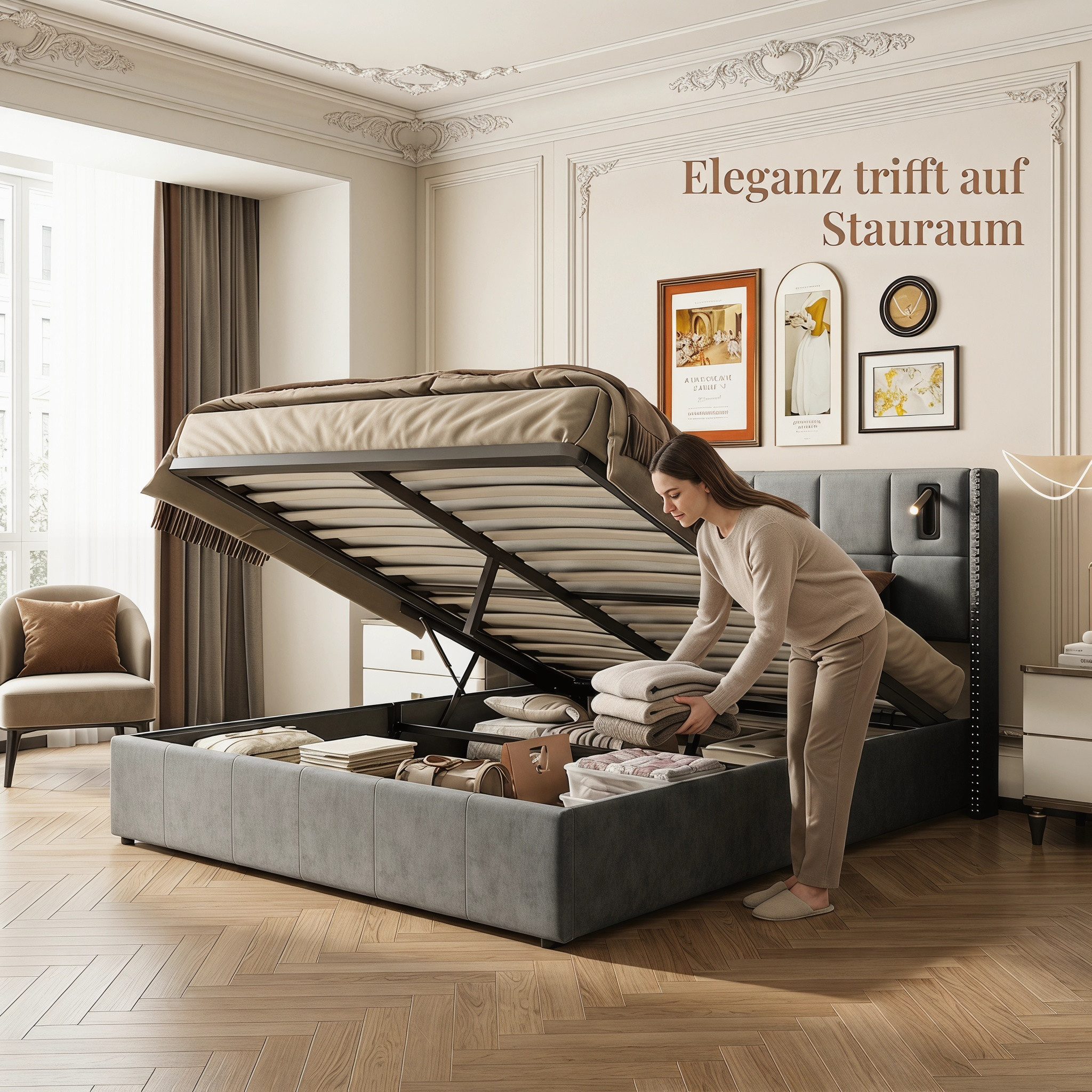 PXloue Stauraumbett Polsterbett Doppelbett, mit bettkasten und Lattenrost,Samtstoff,Leselicht,160x200 cm – Bild 3 von 5