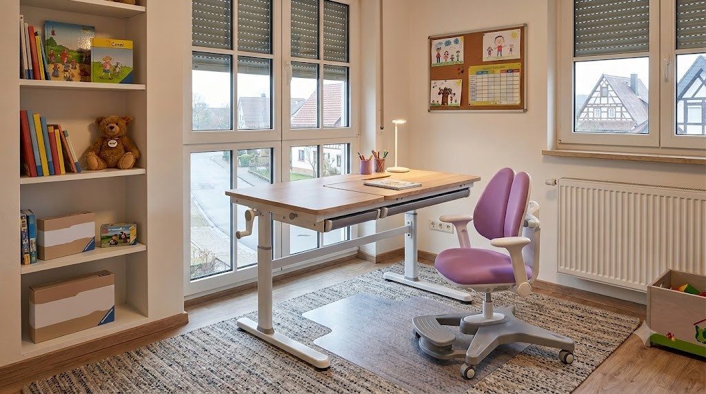 HOKO Kinderschreibtisch höhenverstellbar für Kinderzimmer (Tisch-Stuhl-Set, vielseitig verstellbarer Kinderstuhl, 80x40 cm neigbarer Tischplatte), 120x60 cm Tisch, für Kinder ab 6 Jahren, Holzoptik-Rosa, CELIN & ANKE
