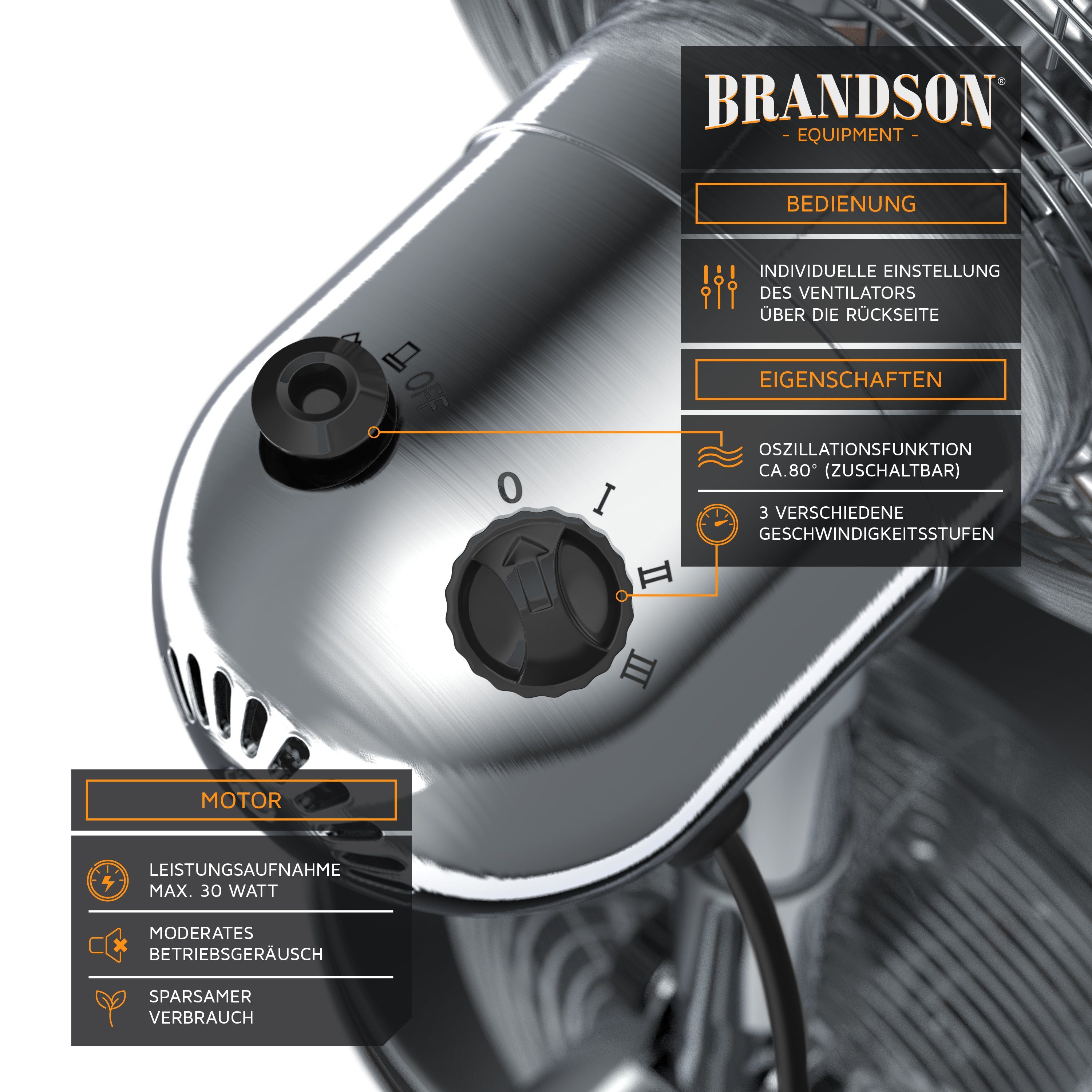 Brandson Tischventilator, Neigungswinkel 40°, 30W Metallgehäuse, Oszillation, ca. Design, Retro