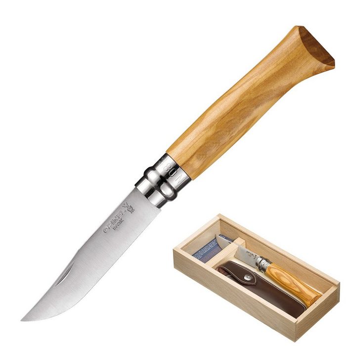 Opinel Taschenmesser Geschenk Set Messer No. 8 + Etui Klappmesser Taschenmesser Oliven Holz