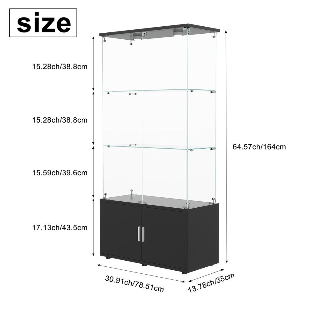 Simurq Glasvitrine Standvitrine aus Glas mit LED, Vitrinenschrank Schrank für Sammlung (Glas Vitrine mit 2 Glastür und 3 Lagen, Glasschrank mit Schloss) Vitrine aus Glas, perfekt für Sammler, Sammelvitrine