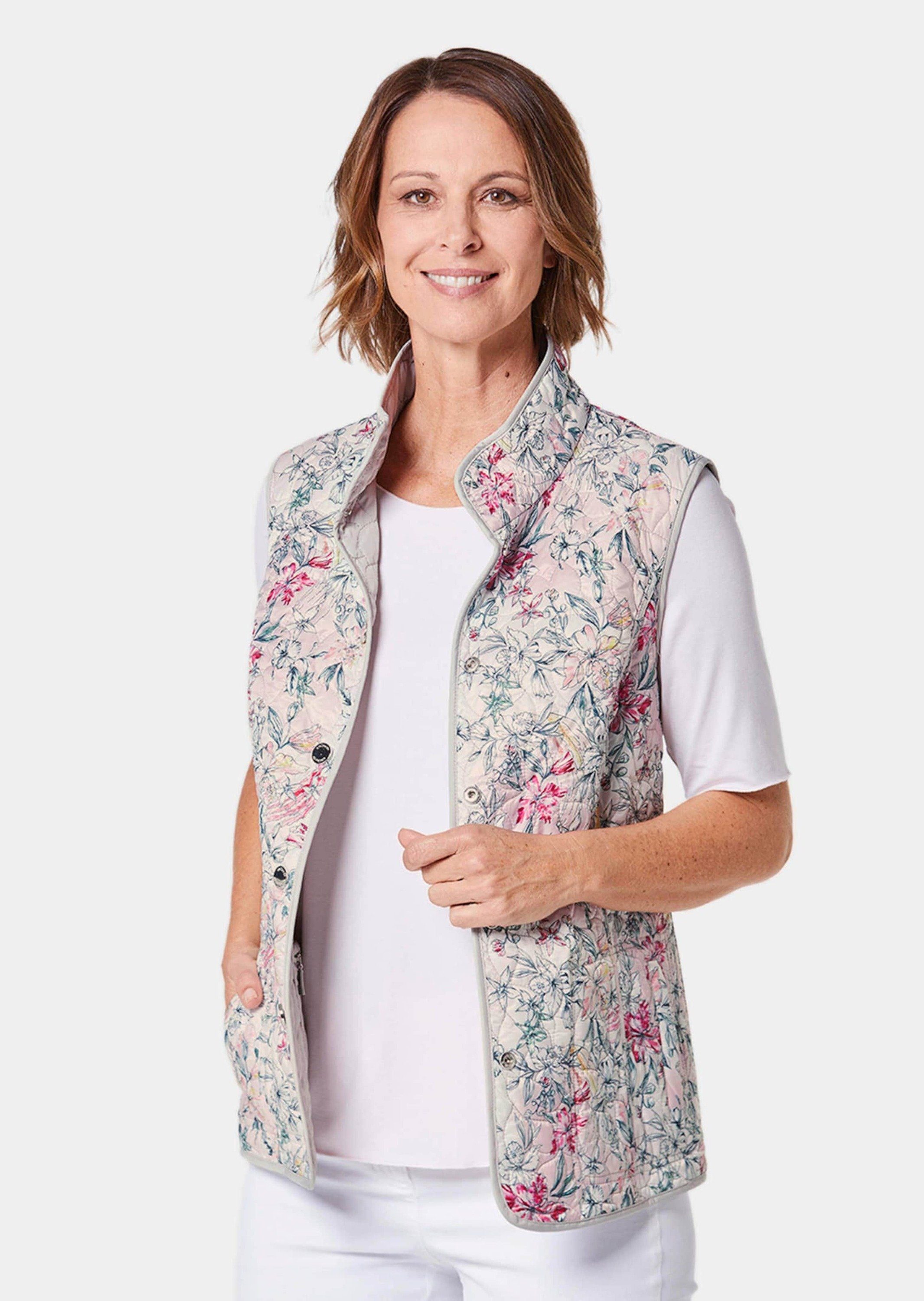 GOLDNER Kurzweste Kurzgröße: Edle Übergangsweste, florales Design Herbstweste mit Stehkragen, Eingriffstaschen, Knöpfen und ohne Arm